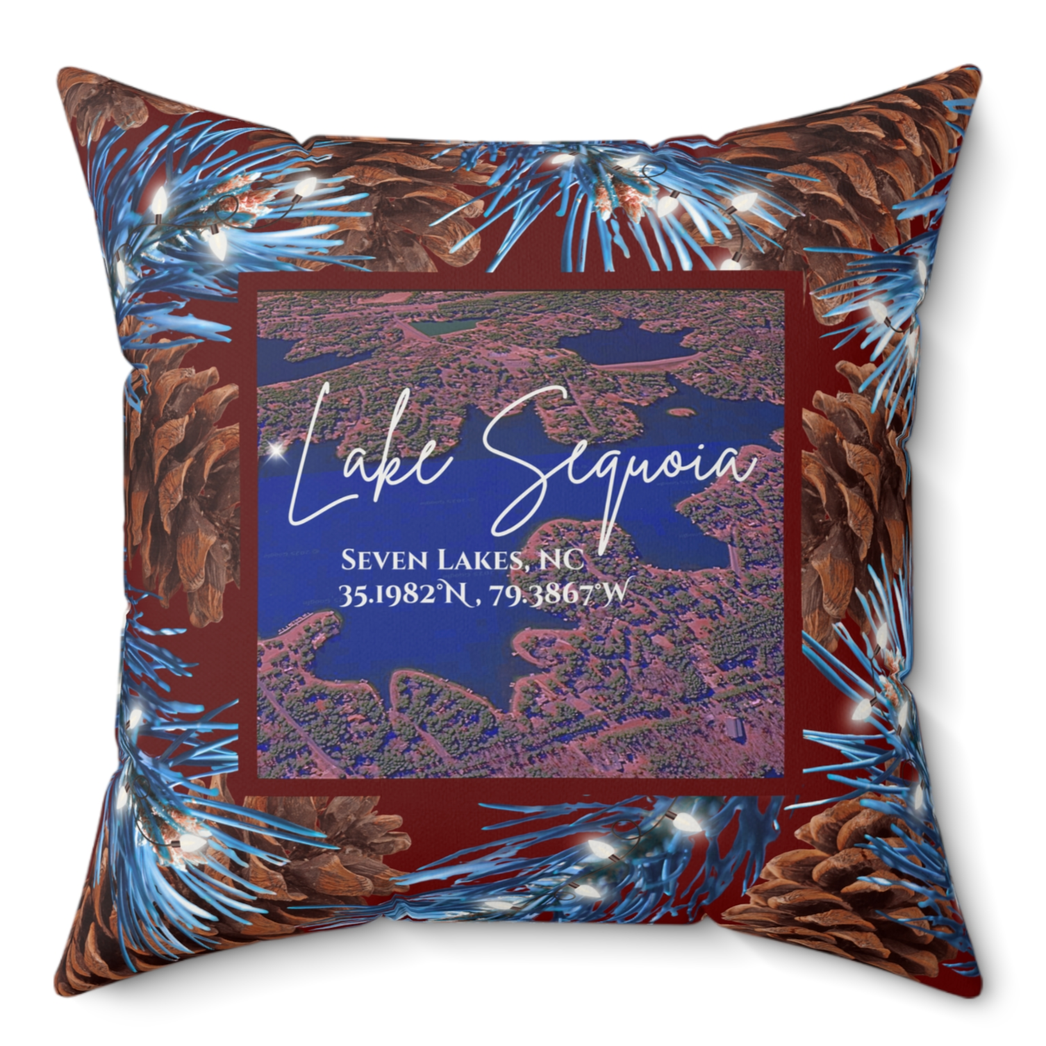 Lake Sequoia Christmas Pillow, with option to personalize GPS coordinates.