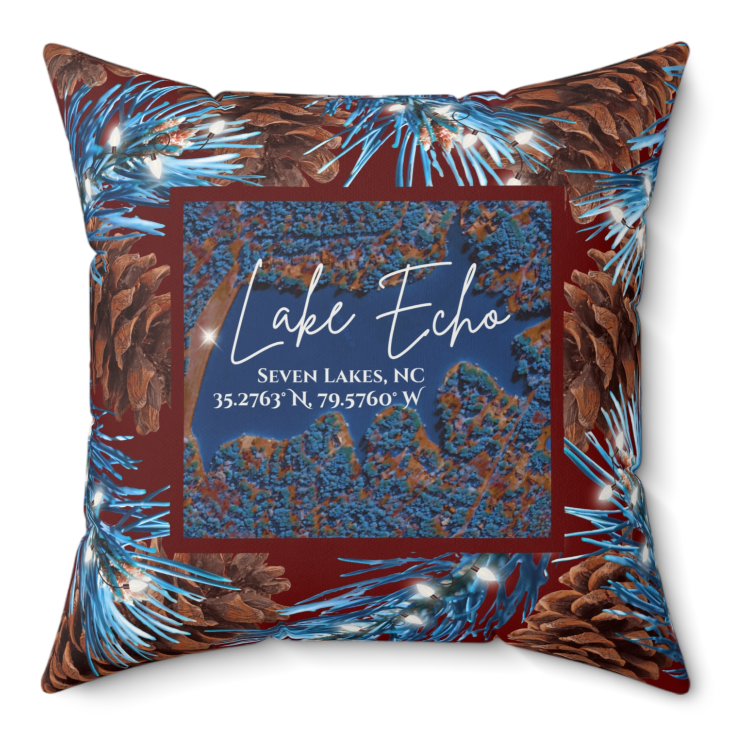 Lake Echo Christmas Pillow, with option to personalize GPS coordinates. Lake Echo Christmas Pillow, with option to personalize GPS coordinates.