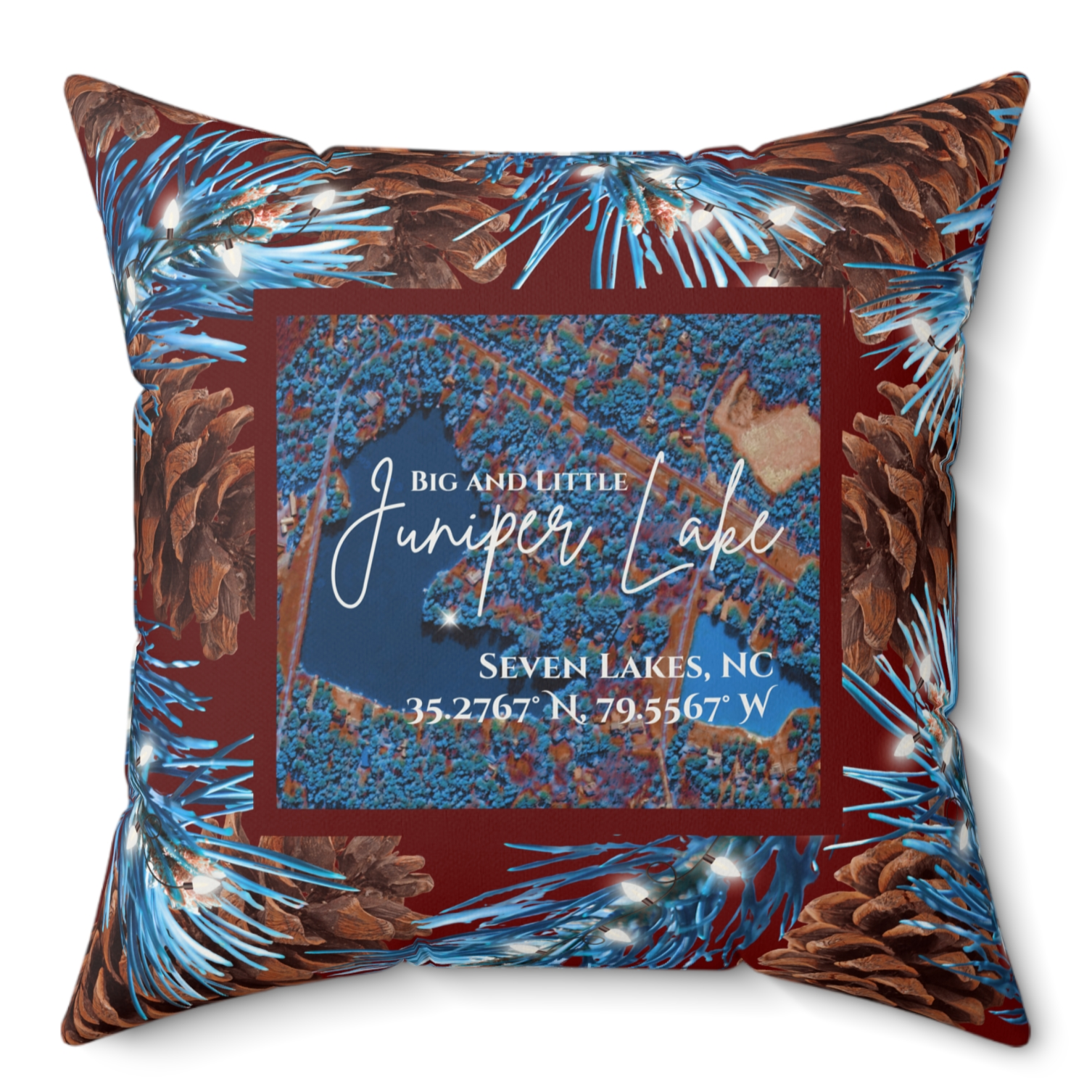 Big and Little Juniper Lake Christmas Pillow, with option to personalize GPS coordinates. product thumbnail image Big and Little Juniper Lake Christmas Pillow, with option to personalize GPS coordinates. product thumbnail image