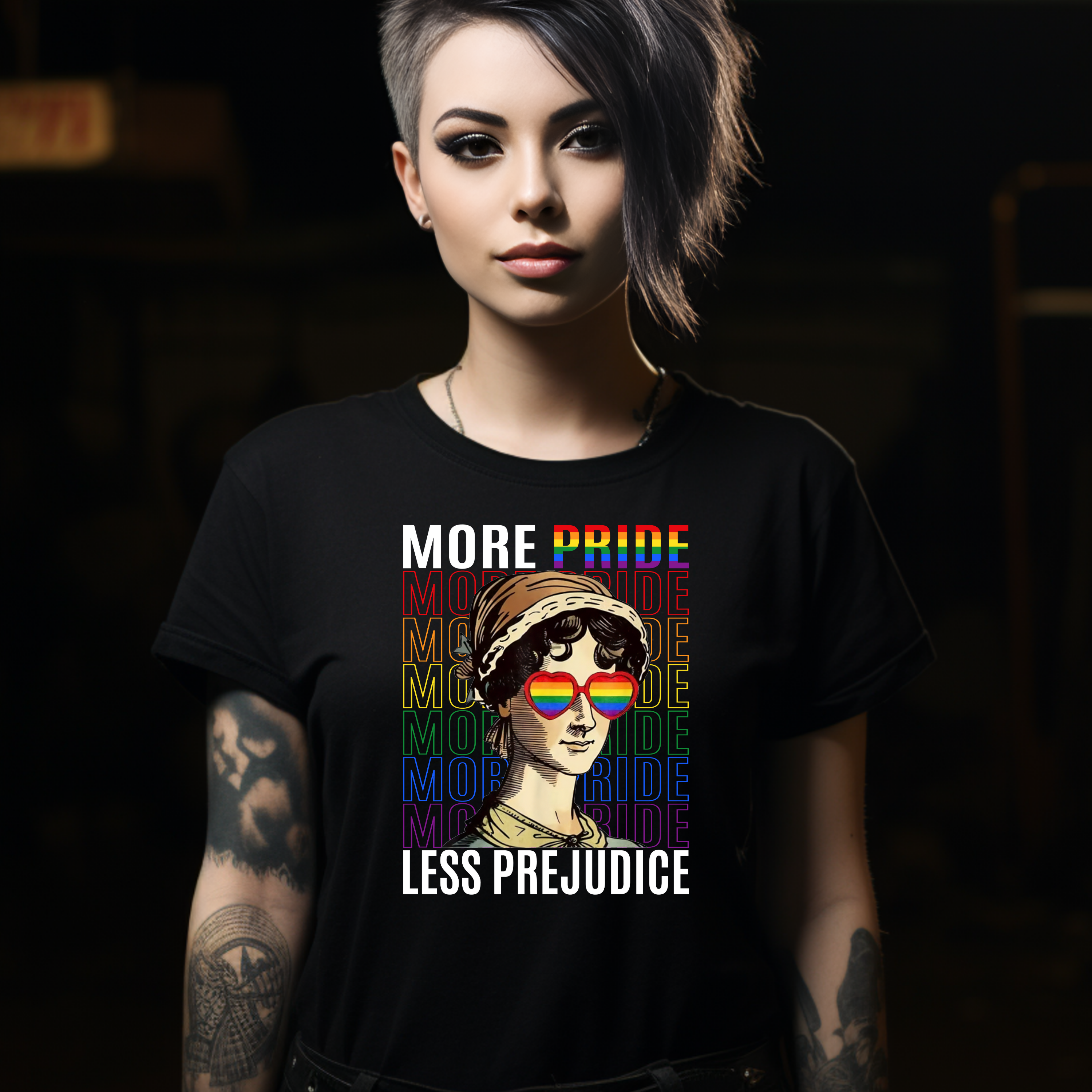 More Pride Less Prejudice LGBTQIA+ Equality Ally Love Jane Austen Unisex Funny Shirt Joke Dark Humor Tee