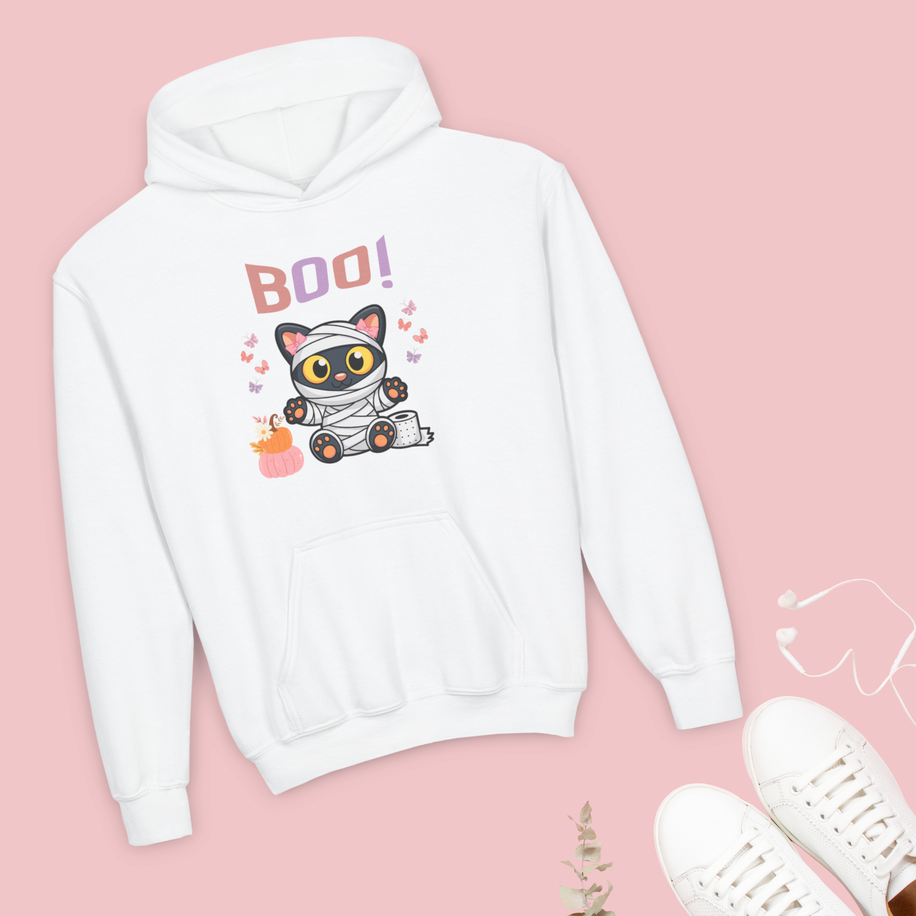 Kids Halloween Hoodie – "BOO!" Mummy Cat Youth Sweatshirt – Ultra-Soft Cotton Blend Pullover – Cute Fall & Winter Hoodie product thumbnail image Kids Halloween Hoodie – "BOO!" Mummy Cat Youth Sweatshirt – Ultra-Soft Cotton Blend Pullover – Cute Fall & Winter Hoodie product thumbnail image