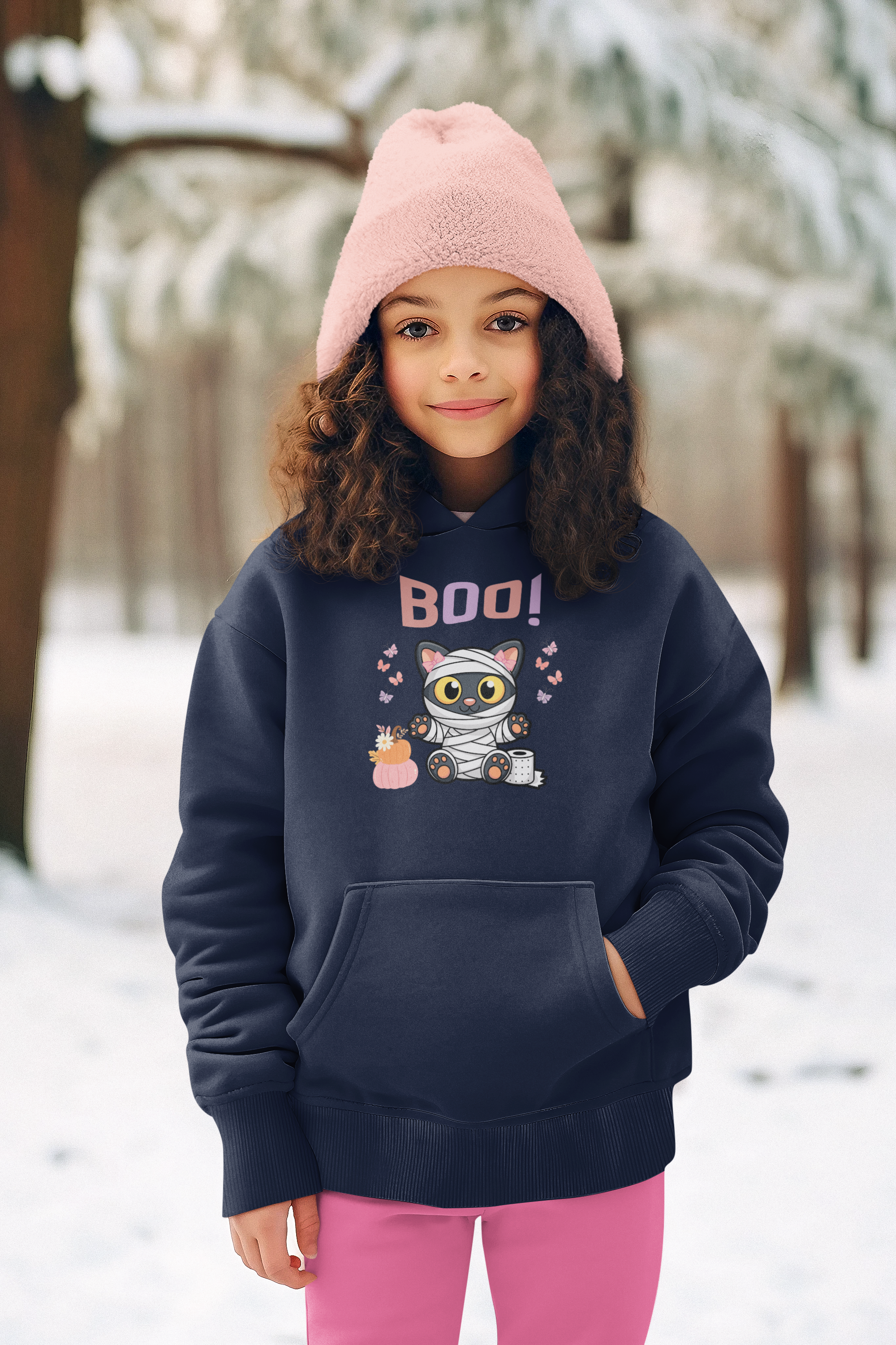 Kids Halloween Hoodie – "BOO!" Mummy Cat Youth Sweatshirt – Ultra-Soft Cotton Blend Pullover – Cute Fall &amp; Winter Hoodie  product thumbnail image