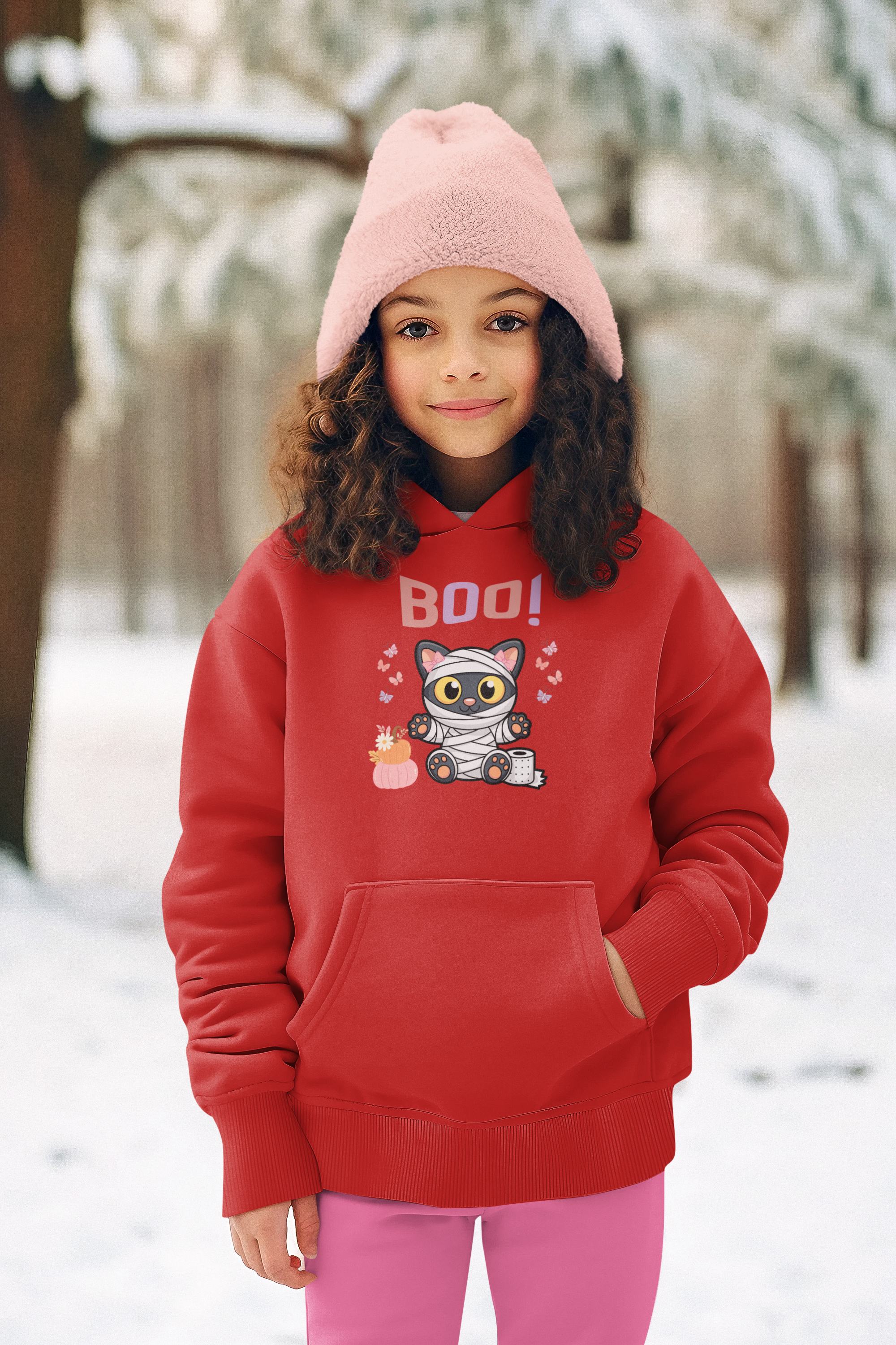 Kids Halloween Hoodie – "BOO!" Mummy Cat Youth Sweatshirt – Ultra-Soft Cotton Blend Pullover – Cute Fall &amp; Winter Hoodie  product thumbnail image