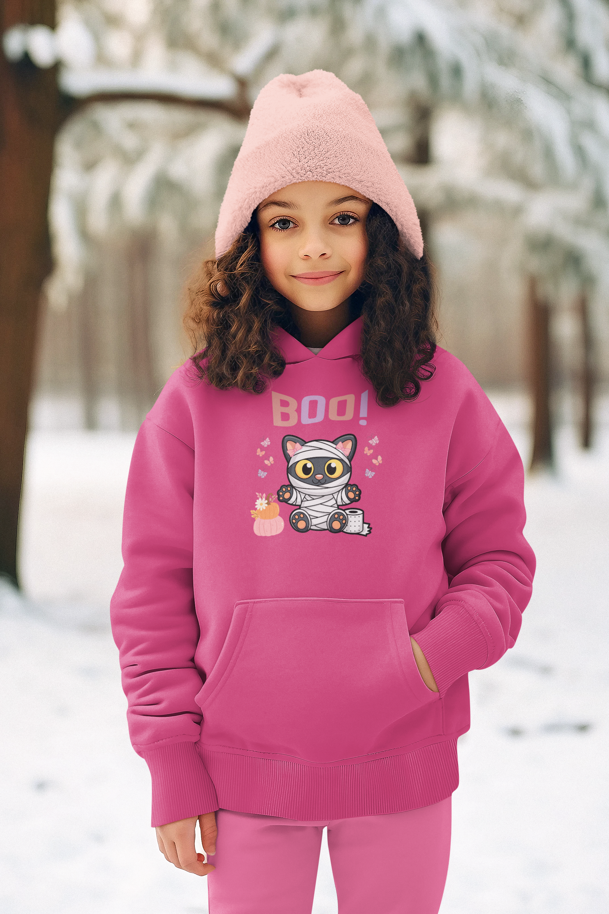 Kids Halloween Hoodie – "BOO!" Mummy Cat Youth Sweatshirt – Ultra-Soft Cotton Blend Pullover – Cute Fall &amp; Winter Hoodie  product thumbnail image