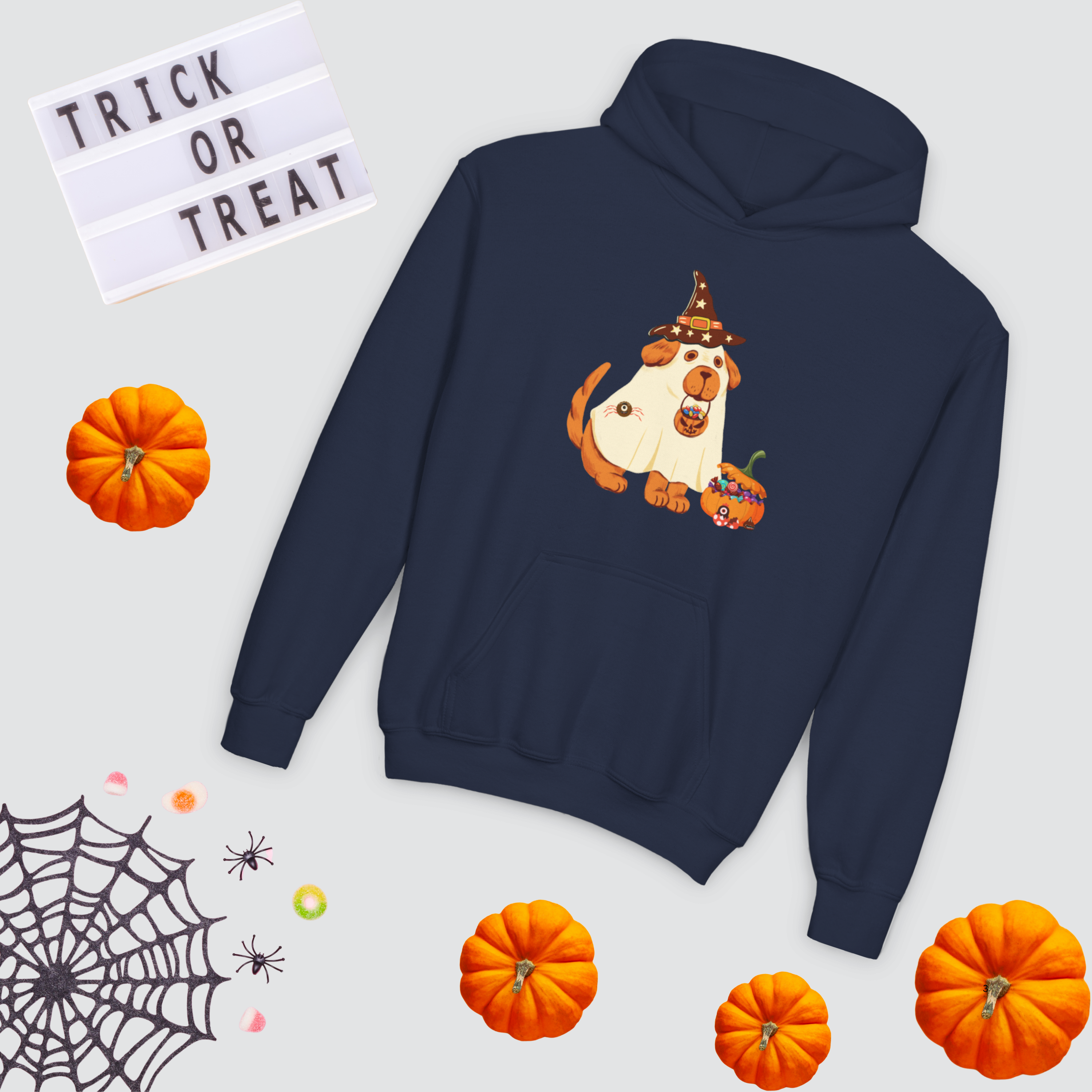 Youth Halloween Dog Hoodie, Cute Fall Sweatshirt for Kids, Adorable Pet Apparel, Perfect for Trick or Treating, Spooky Season Gift product thumbnail image