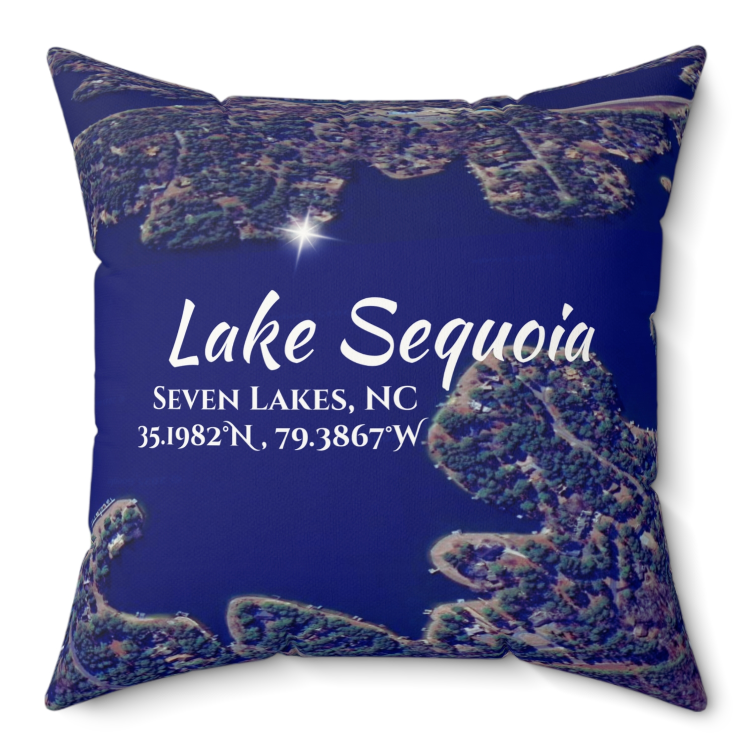 Lake Sequoia Pillow, in Blue with option to personalize GPS coordinates.