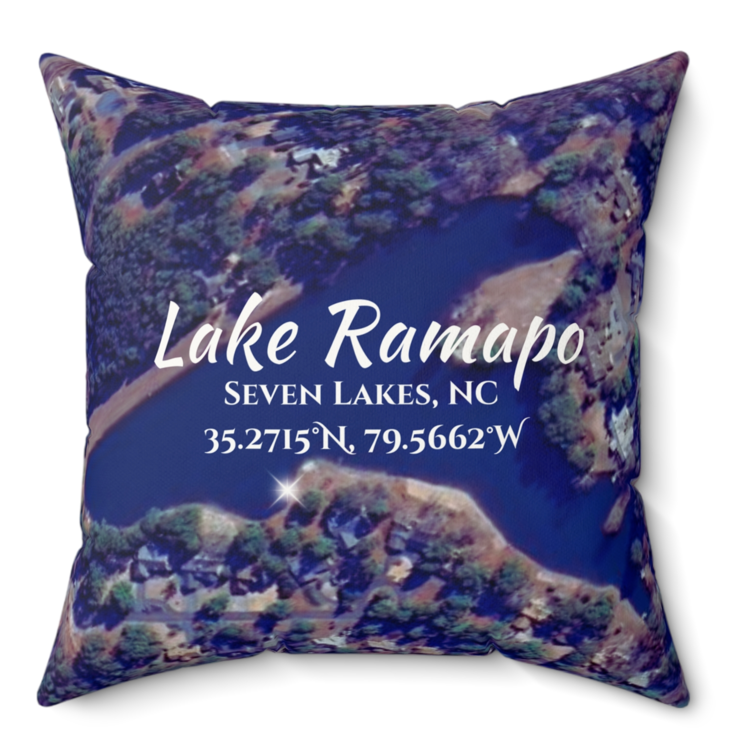 Lake Ramapo Pillow, in Blue with option to personalize GPS coordinates.