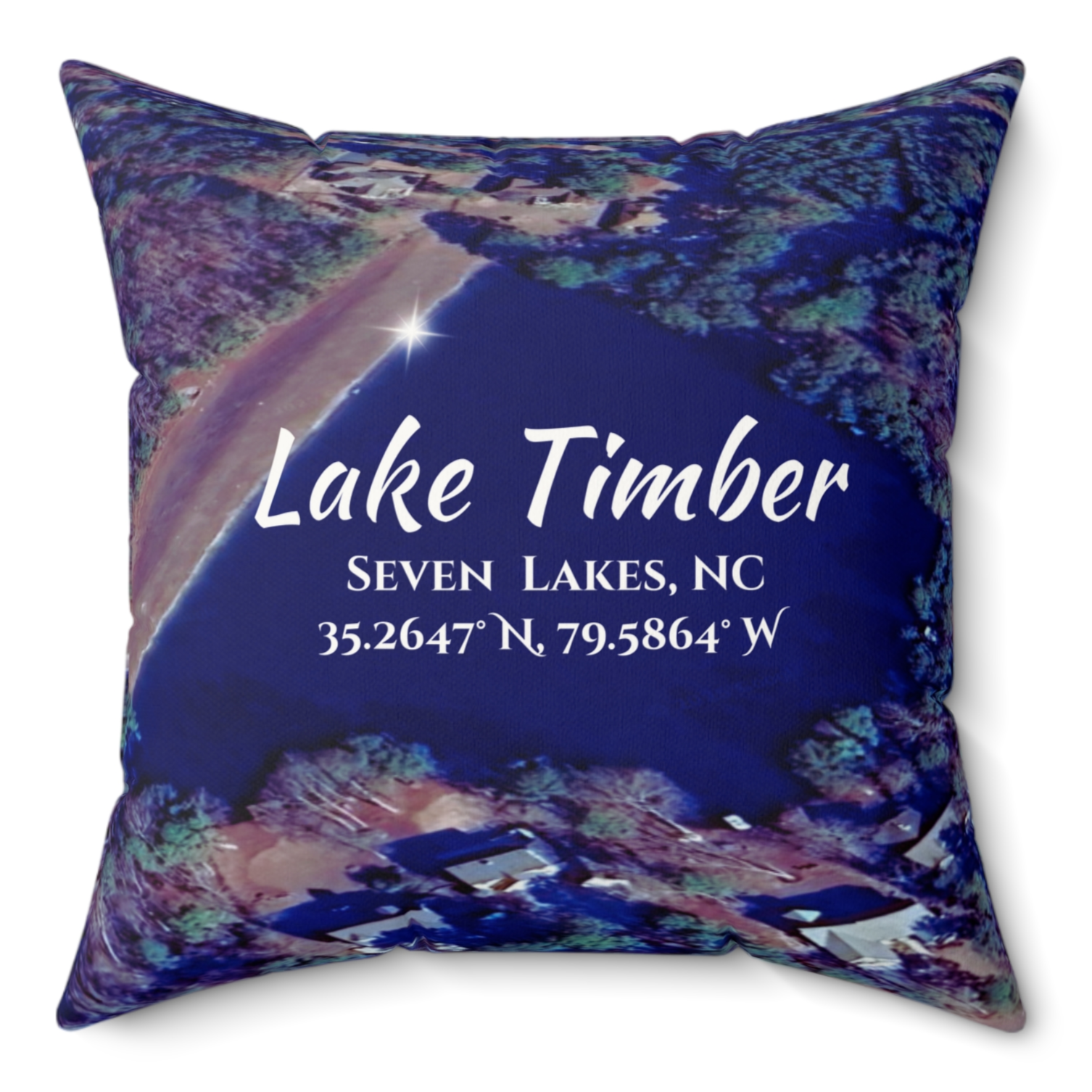 Lake Timber Pillow, in Blue with option to personalize GPS coordinates.