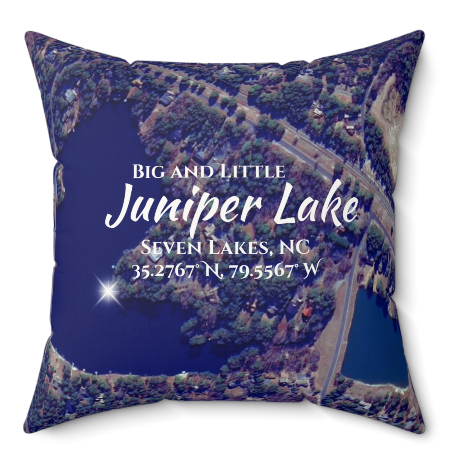 Big and Little Juniper Lake Pillow, in Blue with option to personalize GPS coordinates. Big and Little Juniper Lake Pillow, in Blue with option to personalize GPS coordinates.