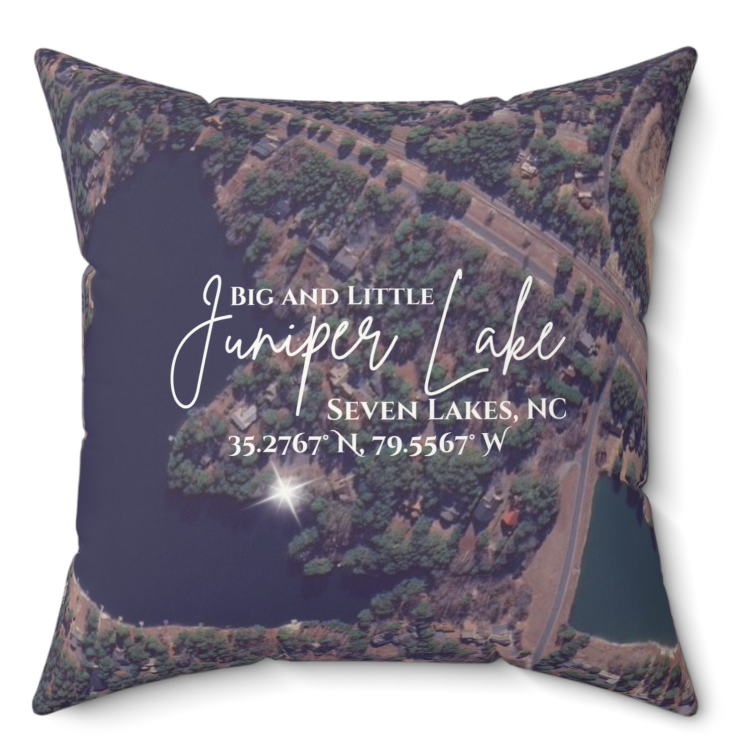 Big and Little Juniper Lake Pillow, Map with option to personalize GPS coordinates. product thumbnail image Big and Little Juniper Lake Pillow, Map with option to personalize GPS coordinates. product thumbnail image