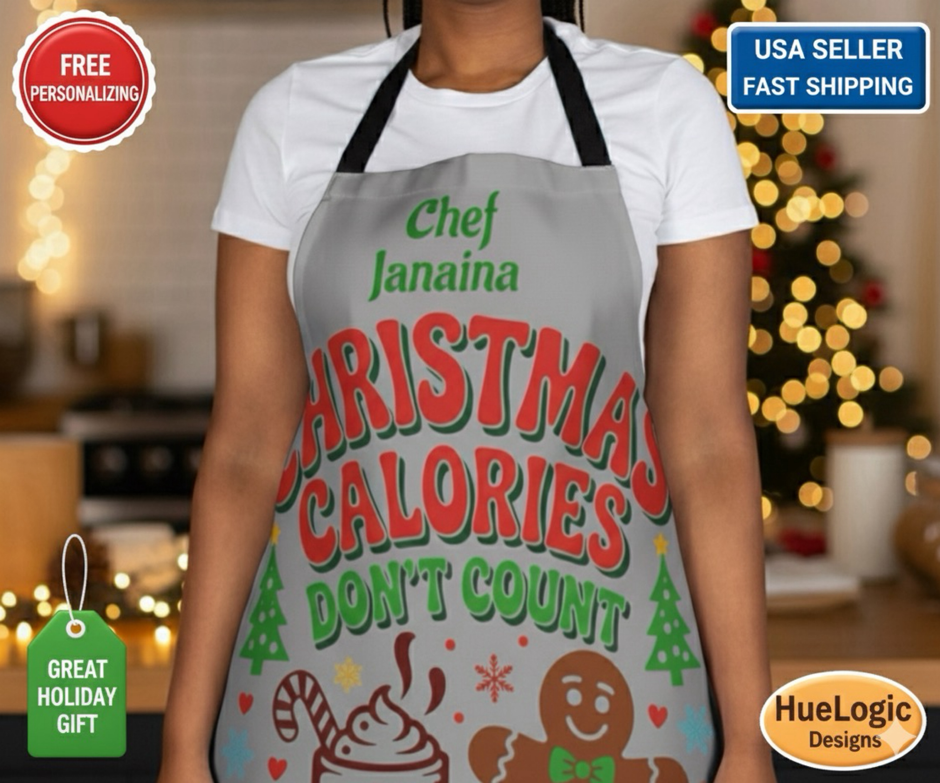 Personalized Christmas Calories Dont Count Chef BBQ Apron  Custom Holiday Cooking Gift product thumbnail image