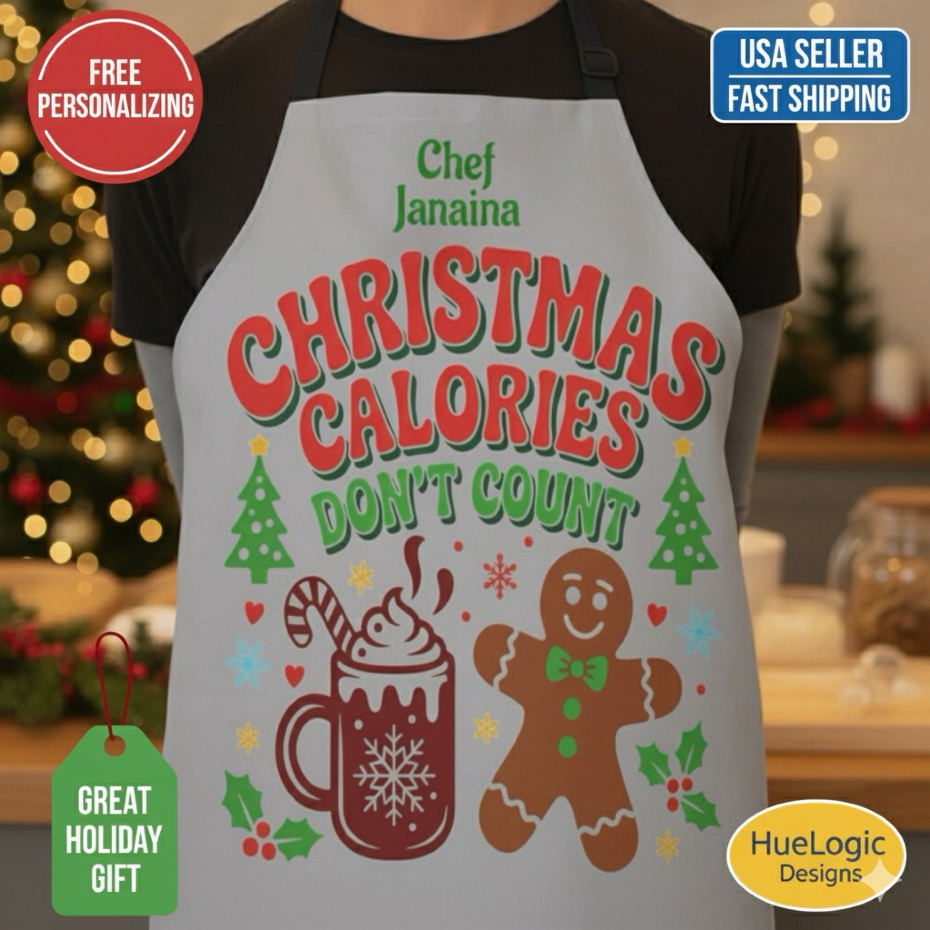 Personalized Christmas Calories Dont Count Chef BBQ Apron  Custom Holiday Cooking Gift product thumbnail image