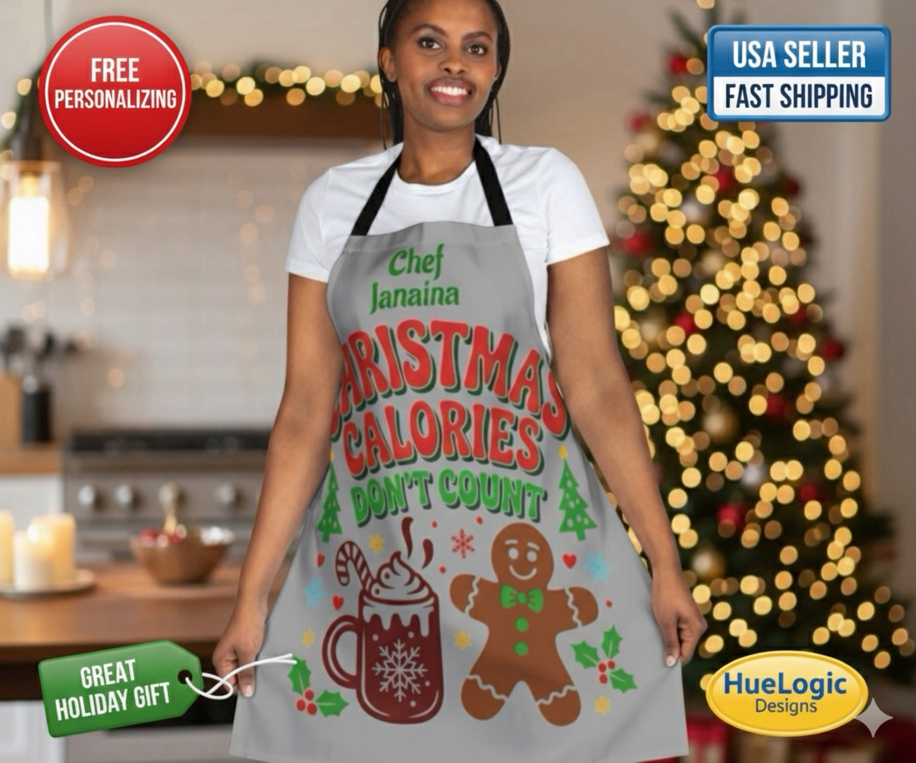 Personalized Christmas Calories Dont Count Chef BBQ Apron  Custom Holiday Cooking Gift product thumbnail image