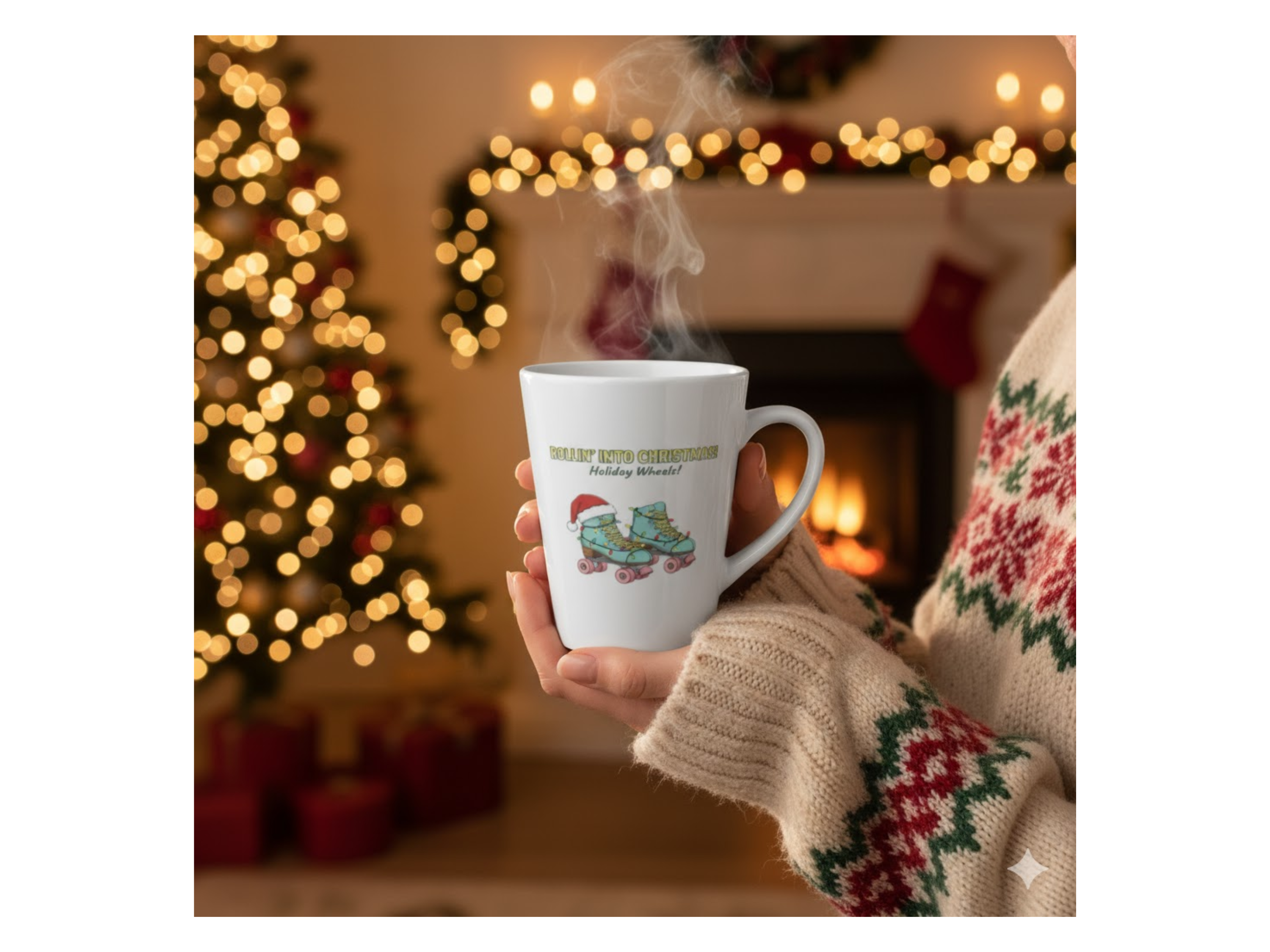 Roller Skate with Santa Hat Christmas Christmas Lights Latte Mug, Holiday Coffee Cup, Fun Christmas Gift, Roller Derby Fan Gift