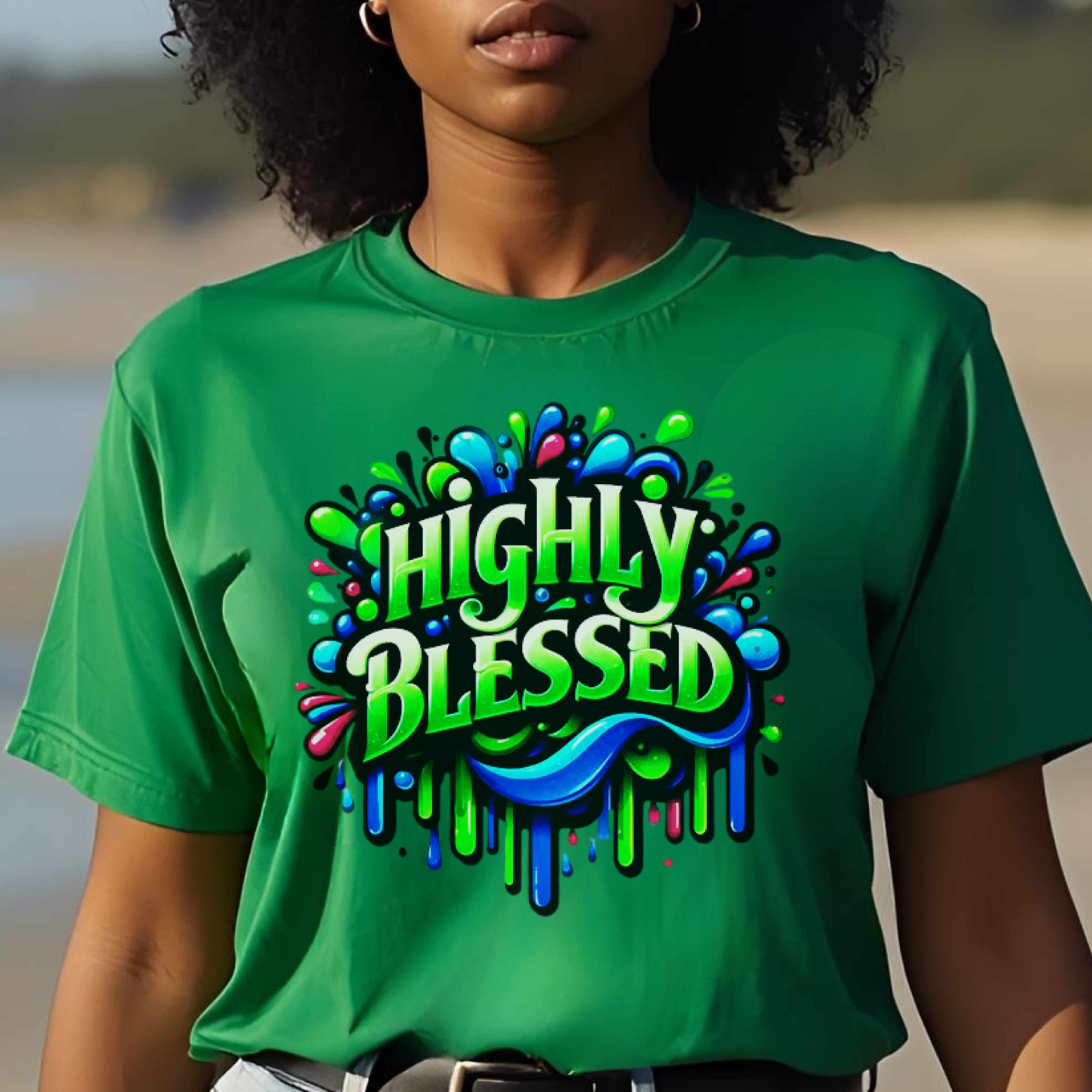"Highly Blessed" - Vibrant Graphic Faith-Based Tee, Gift for Friends, Inspirational T-Shirt, Casual Wear, Colorful Apparel product thumbnail image "Highly Blessed" - Vibrant Graphic Faith-Based Tee, Gift for Friends, Inspirational T-Shirt, Casual Wear, Colorful Apparel product thumbnail image