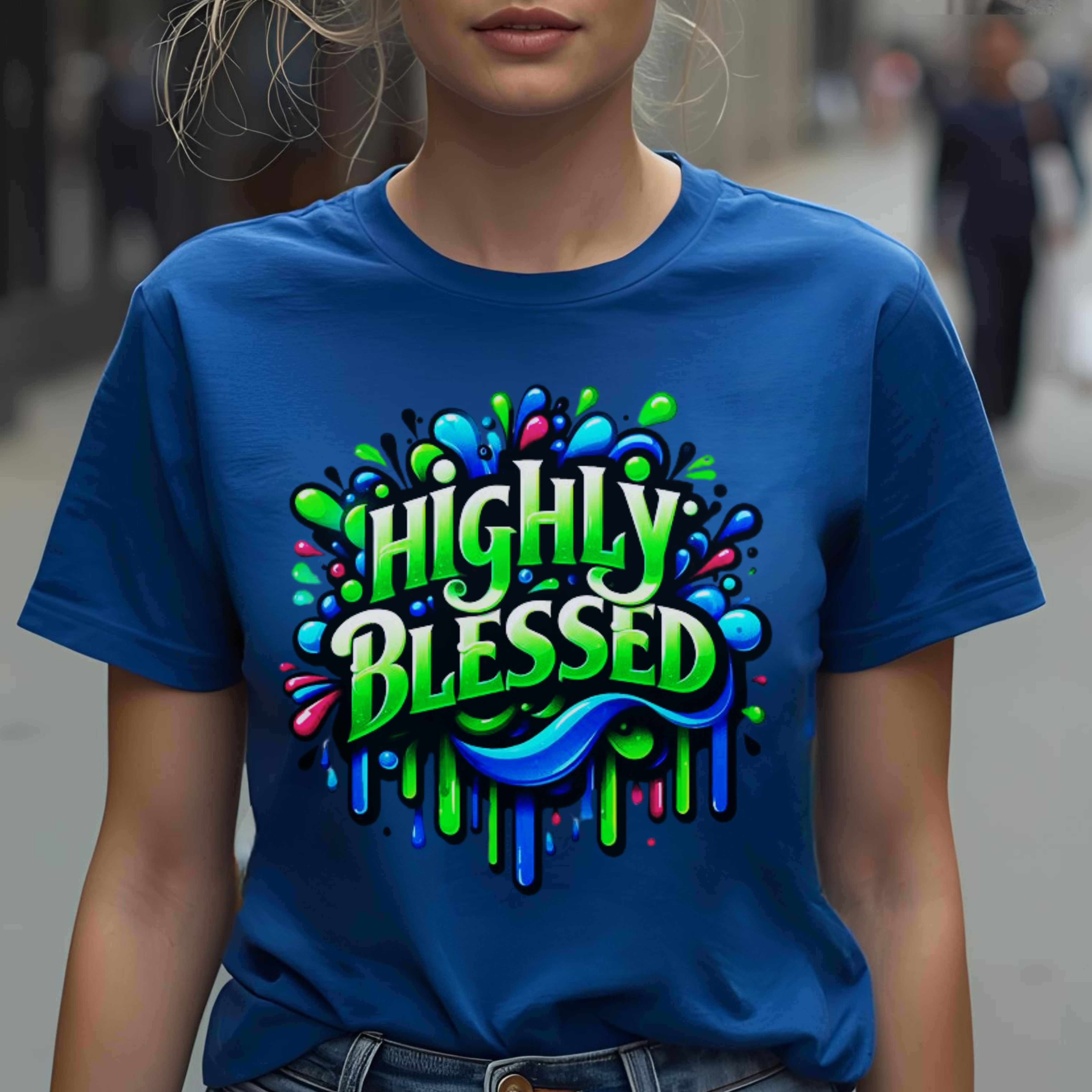 "Highly Blessed" - Vibrant Graphic Faith-Based Tee, Gift for Friends, Inspirational T-Shirt, Casual Wear, Colorful Apparel product thumbnail image "Highly Blessed" - Vibrant Graphic Faith-Based Tee, Gift for Friends, Inspirational T-Shirt, Casual Wear, Colorful Apparel product thumbnail image