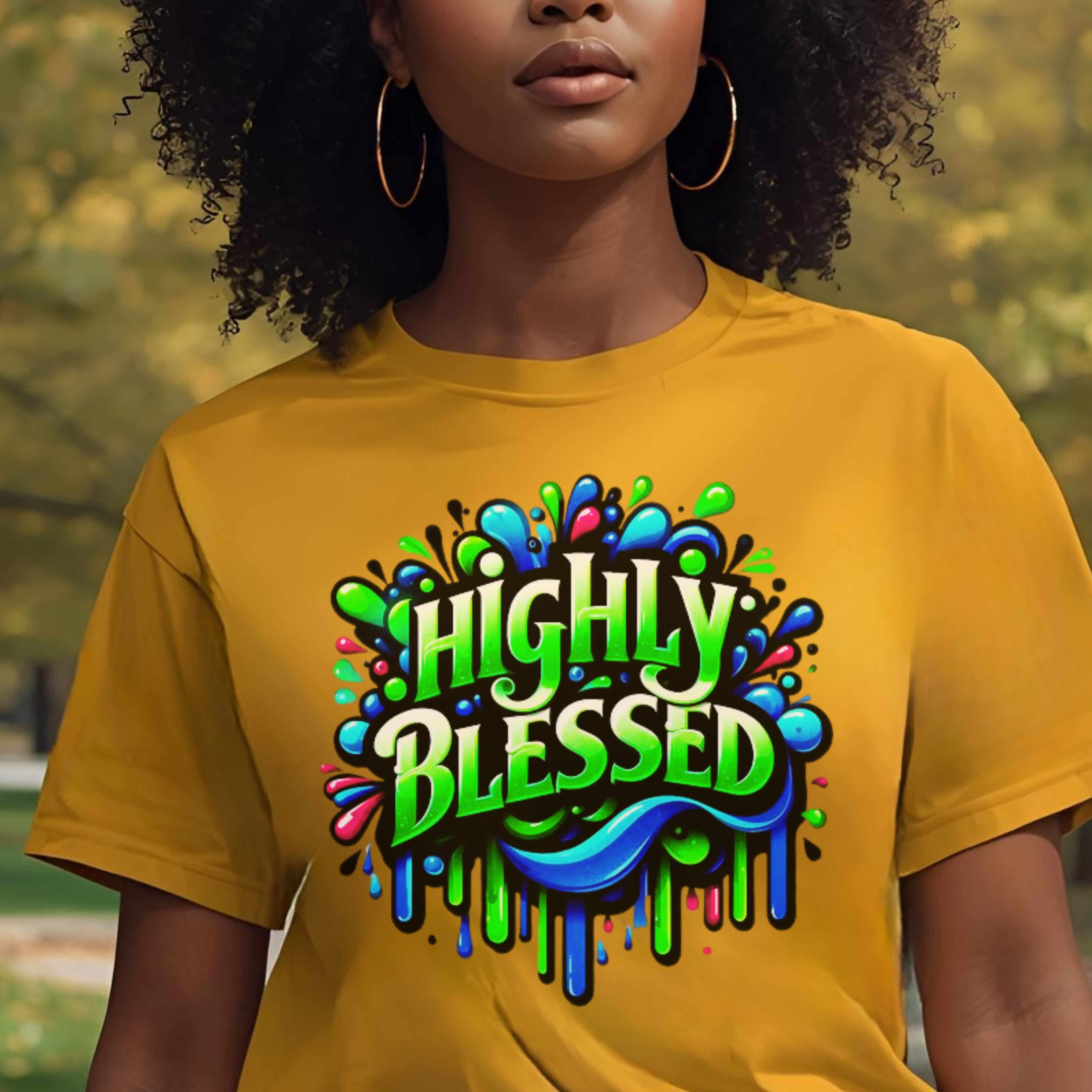 "Highly Blessed" - Vibrant Graphic Faith-Based Tee, Gift for Friends, Inspirational T-Shirt, Casual Wear, Colorful Apparel product thumbnail image "Highly Blessed" - Vibrant Graphic Faith-Based Tee, Gift for Friends, Inspirational T-Shirt, Casual Wear, Colorful Apparel product thumbnail image
