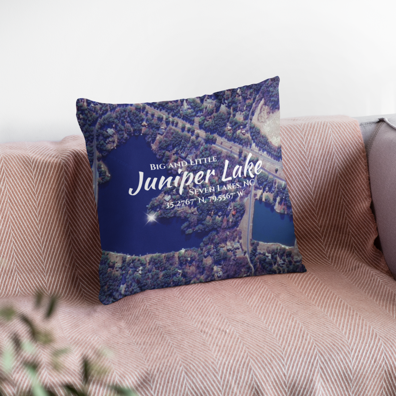 Big and Little Juniper Lake Pillow, in Blue with option to personalize GPS coordinates. product thumbnail image Big and Little Juniper Lake Pillow, in Blue with option to personalize GPS coordinates. product thumbnail image
