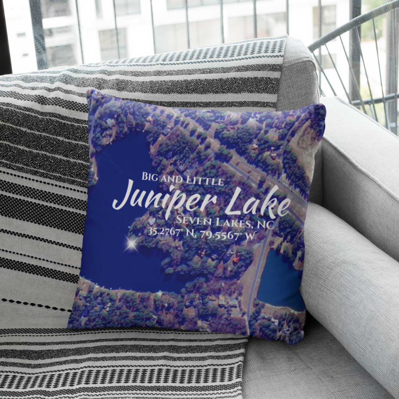 Big and Little Juniper Lake Pillow, in Blue with option to personalize GPS coordinates. product thumbnail image Big and Little Juniper Lake Pillow, in Blue with option to personalize GPS coordinates. product thumbnail image