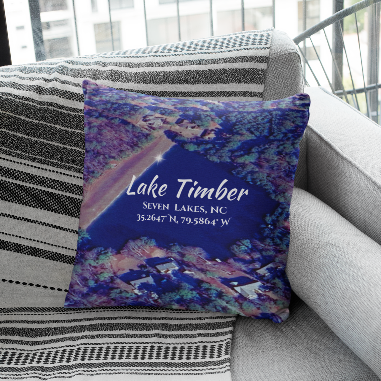 Lake Timber Pillow, in Blue with option to personalize GPS coordinates. product thumbnail image