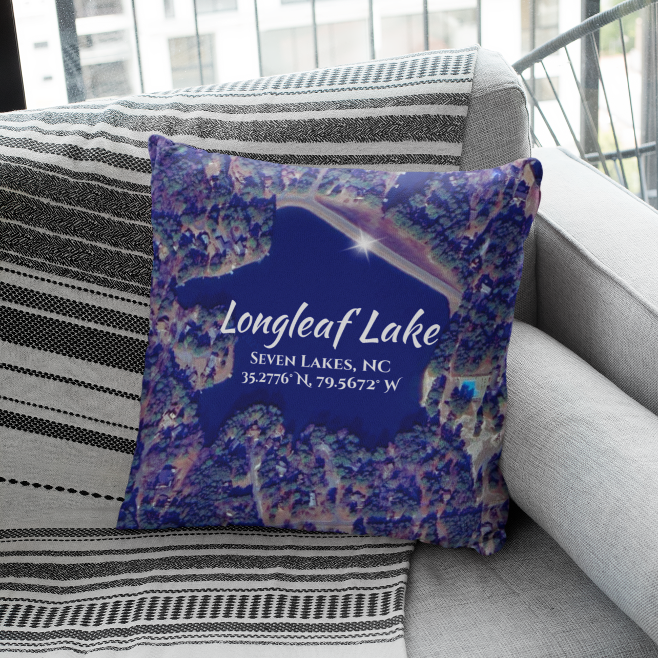 Longleaf Lake Pillow, in Blue with option to personalize GPS coordinates. product thumbnail image