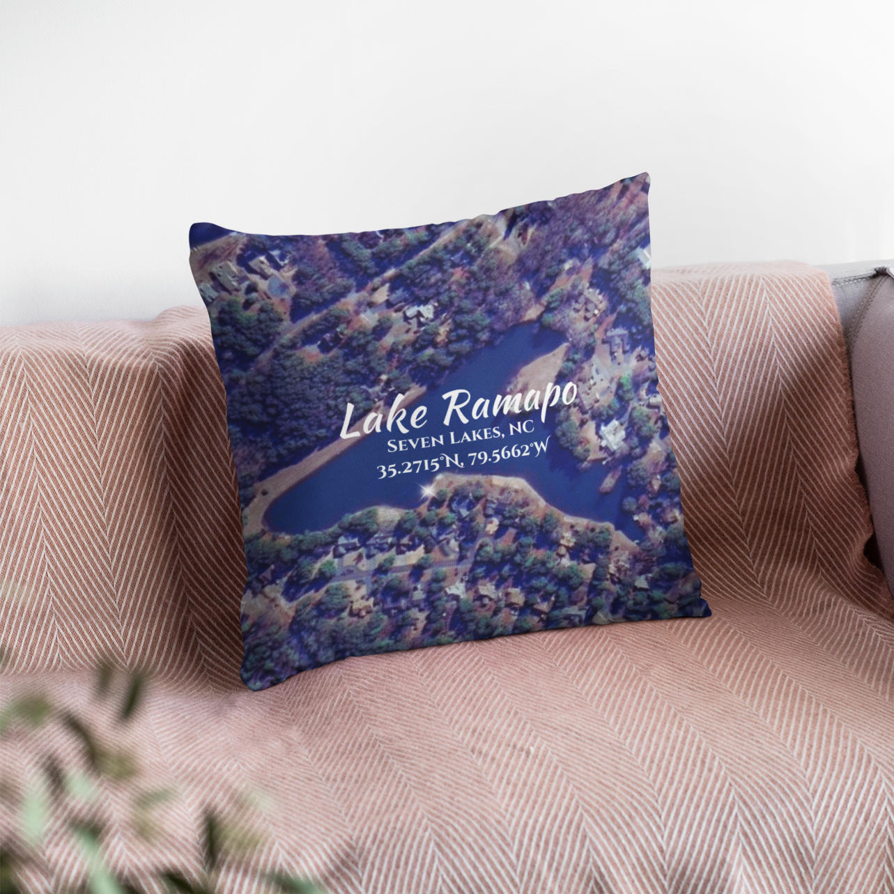 Lake Ramapo Pillow, in Blue with option to personalize GPS coordinates. product thumbnail image Lake Ramapo Pillow, in Blue with option to personalize GPS coordinates. product thumbnail image
