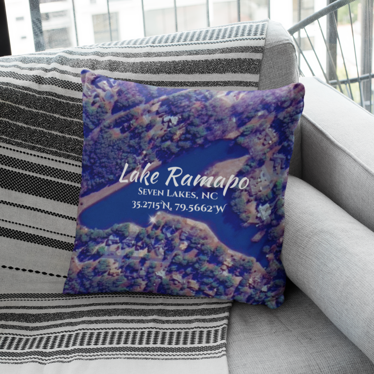 Lake Ramapo Pillow, in Blue with option to personalize GPS coordinates. product thumbnail image Lake Ramapo Pillow, in Blue with option to personalize GPS coordinates. product thumbnail image