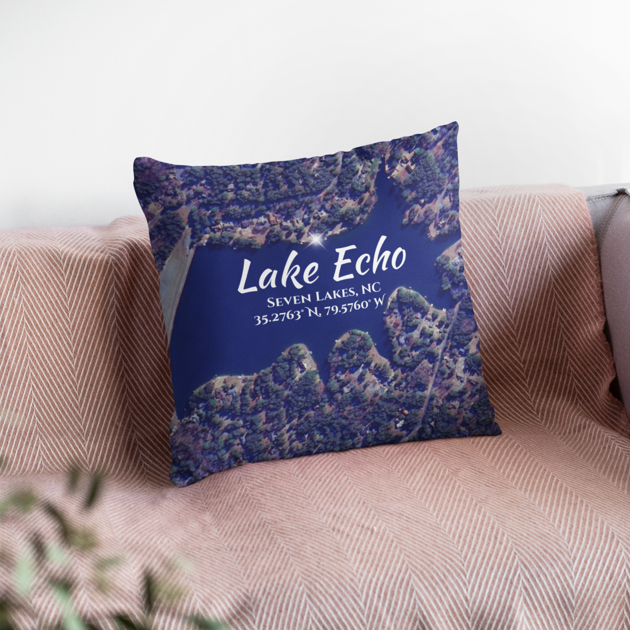 Lake Echo Pillow, in Blue with option to personalize GPS coordinates. product thumbnail image Lake Echo Pillow, in Blue with option to personalize GPS coordinates. product thumbnail image
