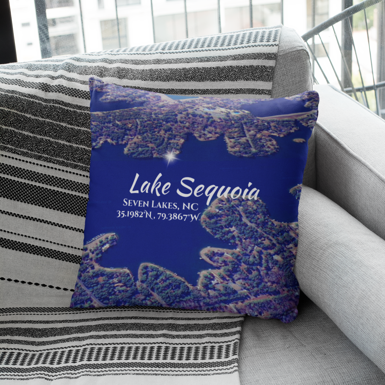 Lake Sequoia Pillow, in Blue with option to personalize GPS coordinates. product thumbnail image Lake Sequoia Pillow, in Blue with option to personalize GPS coordinates. product thumbnail image