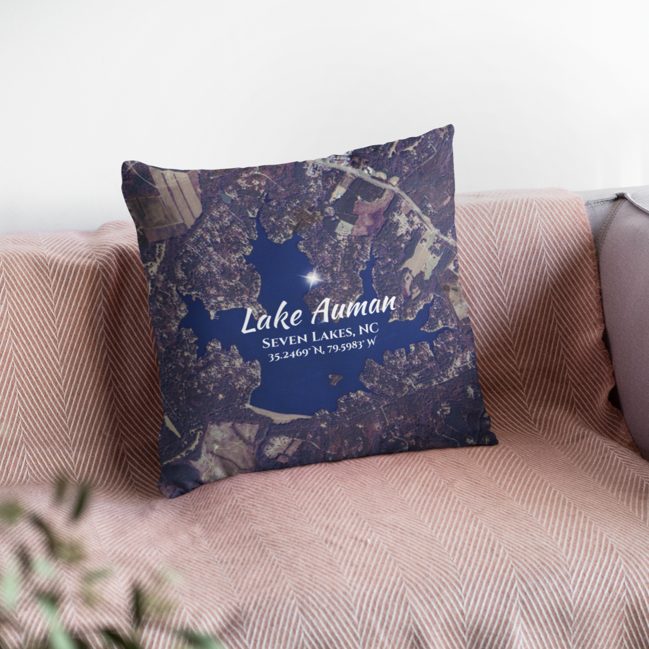Lake Auman Pillow, in Blue with option to personalize GPS coordinates. product thumbnail image Lake Auman Pillow, in Blue with option to personalize GPS coordinates. product thumbnail image