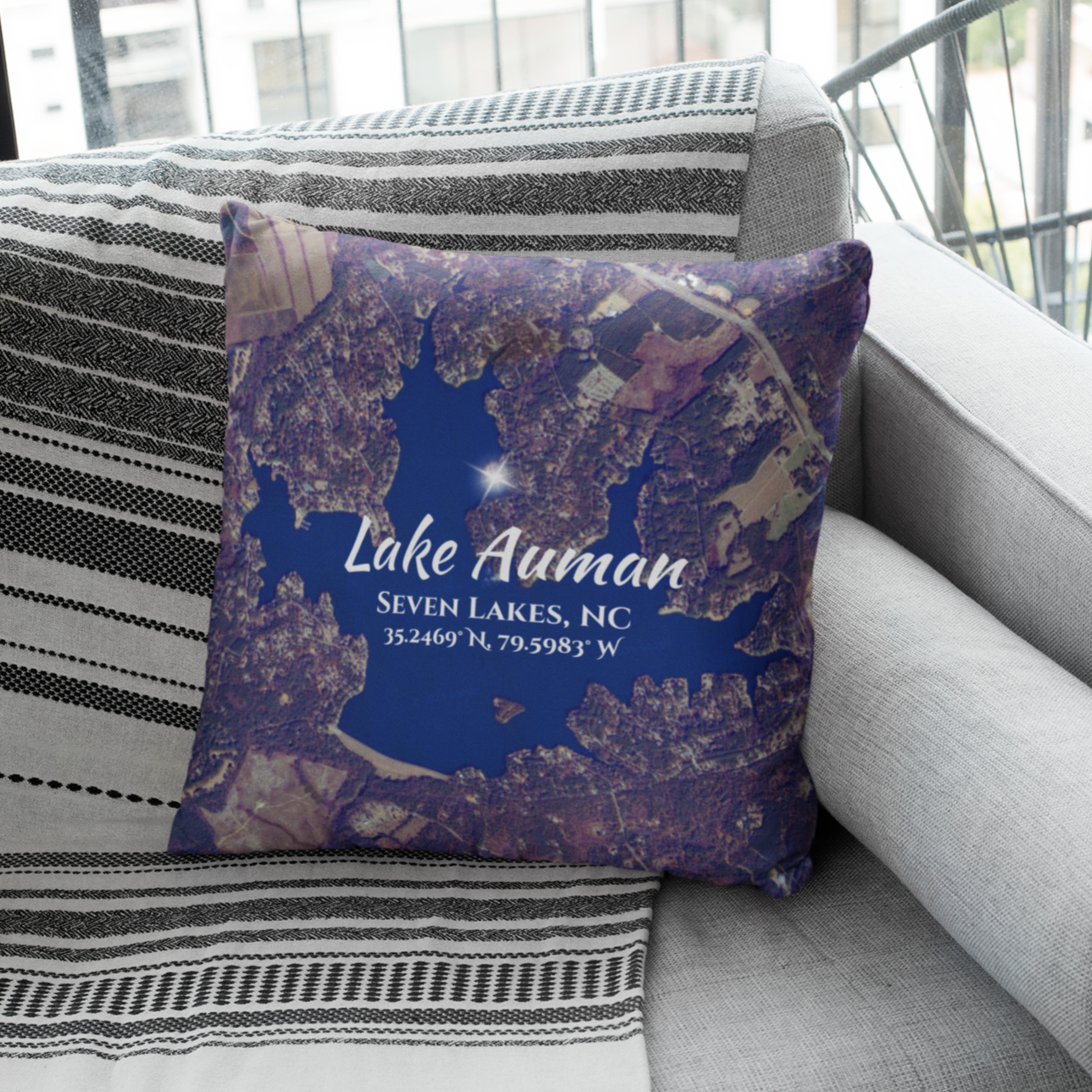 Lake Auman Pillow, in Blue with option to personalize GPS coordinates. product thumbnail image Lake Auman Pillow, in Blue with option to personalize GPS coordinates. product thumbnail image