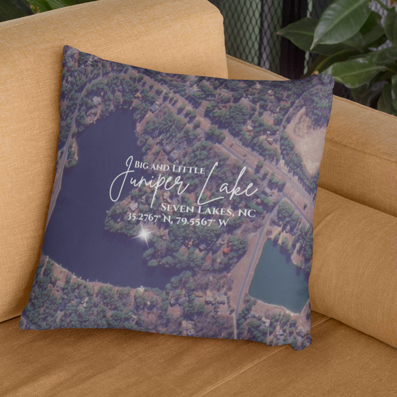 Big and Little Juniper Lake Pillow, Map with option to personalize GPS coordinates. product thumbnail image Big and Little Juniper Lake Pillow, Map with option to personalize GPS coordinates. product thumbnail image