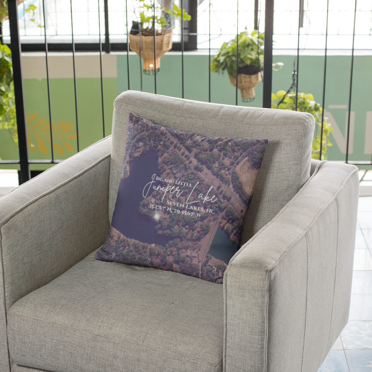 Big and Little Juniper Lake Pillow, Map with option to personalize GPS coordinates. product thumbnail image Big and Little Juniper Lake Pillow, Map with option to personalize GPS coordinates. product thumbnail image