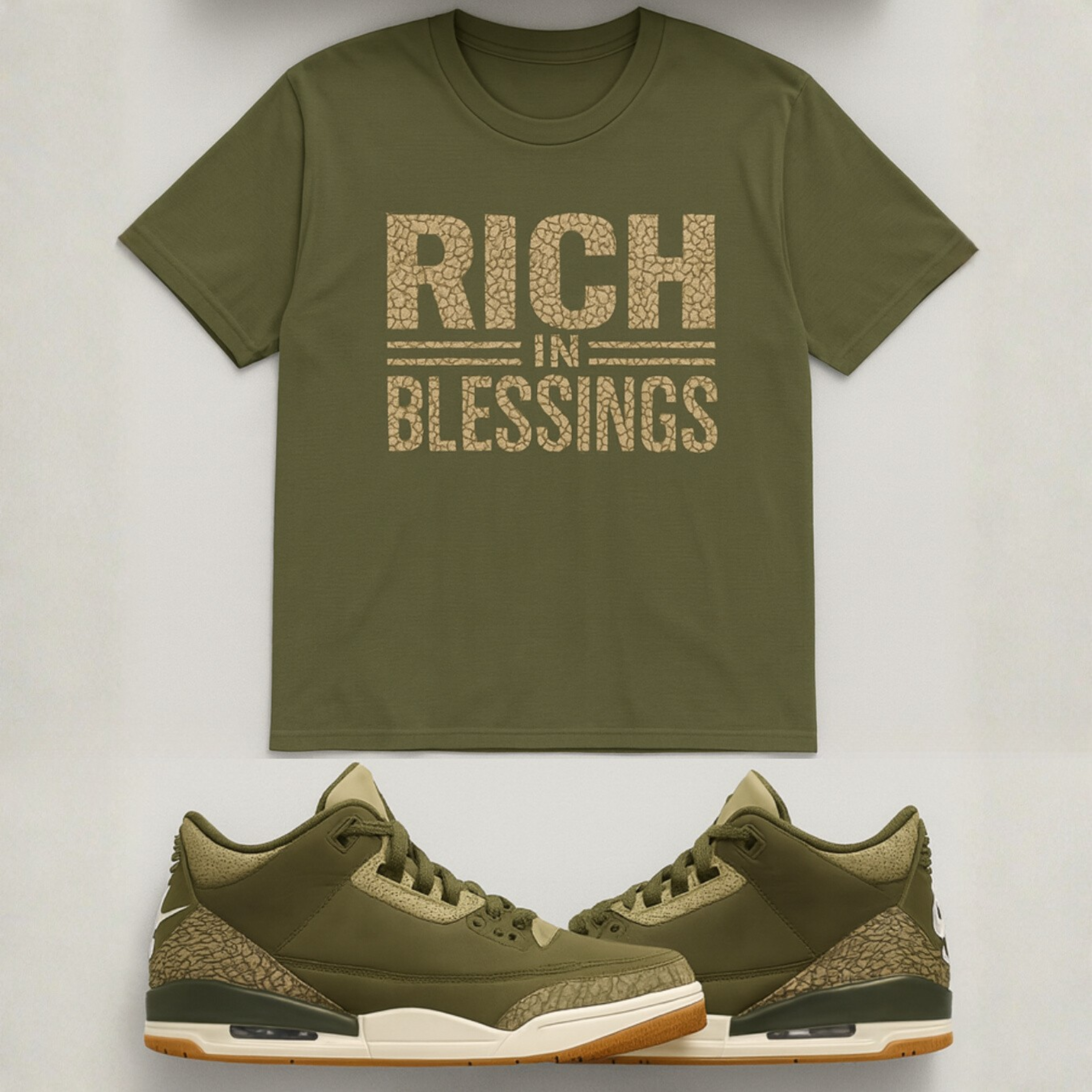 Unisex Softstyle "RICH IN BLESSINGS" T-Shirt Military Green/Olive Elephant Print  product thumbnail image