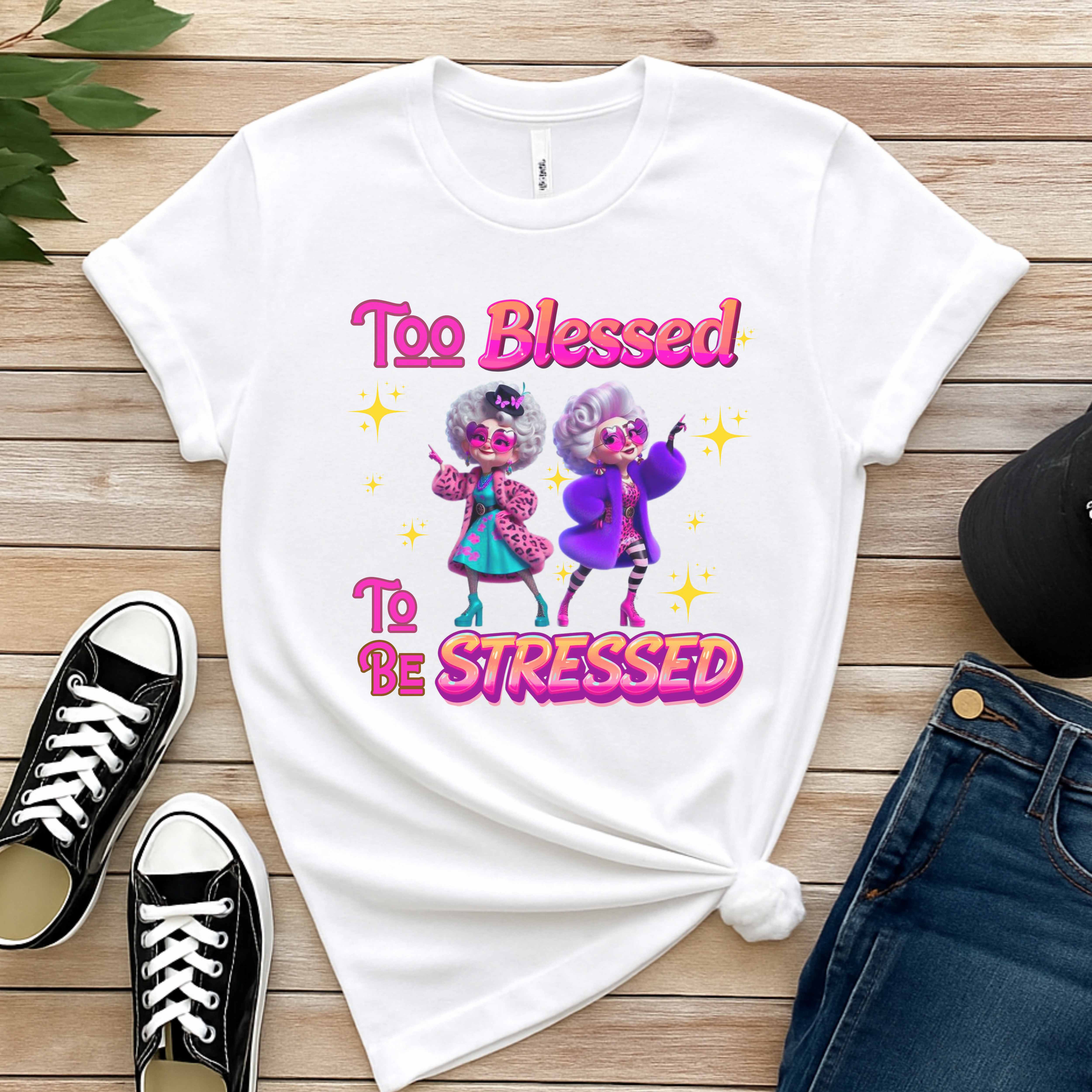 "Too Blessed to Be Stressed" Christian Women’s T-Shirt – Peace Over Chaos, Faith Over Pressure product thumbnail image "Too Blessed to Be Stressed" Christian Women’s T-Shirt – Peace Over Chaos, Faith Over Pressure product thumbnail image