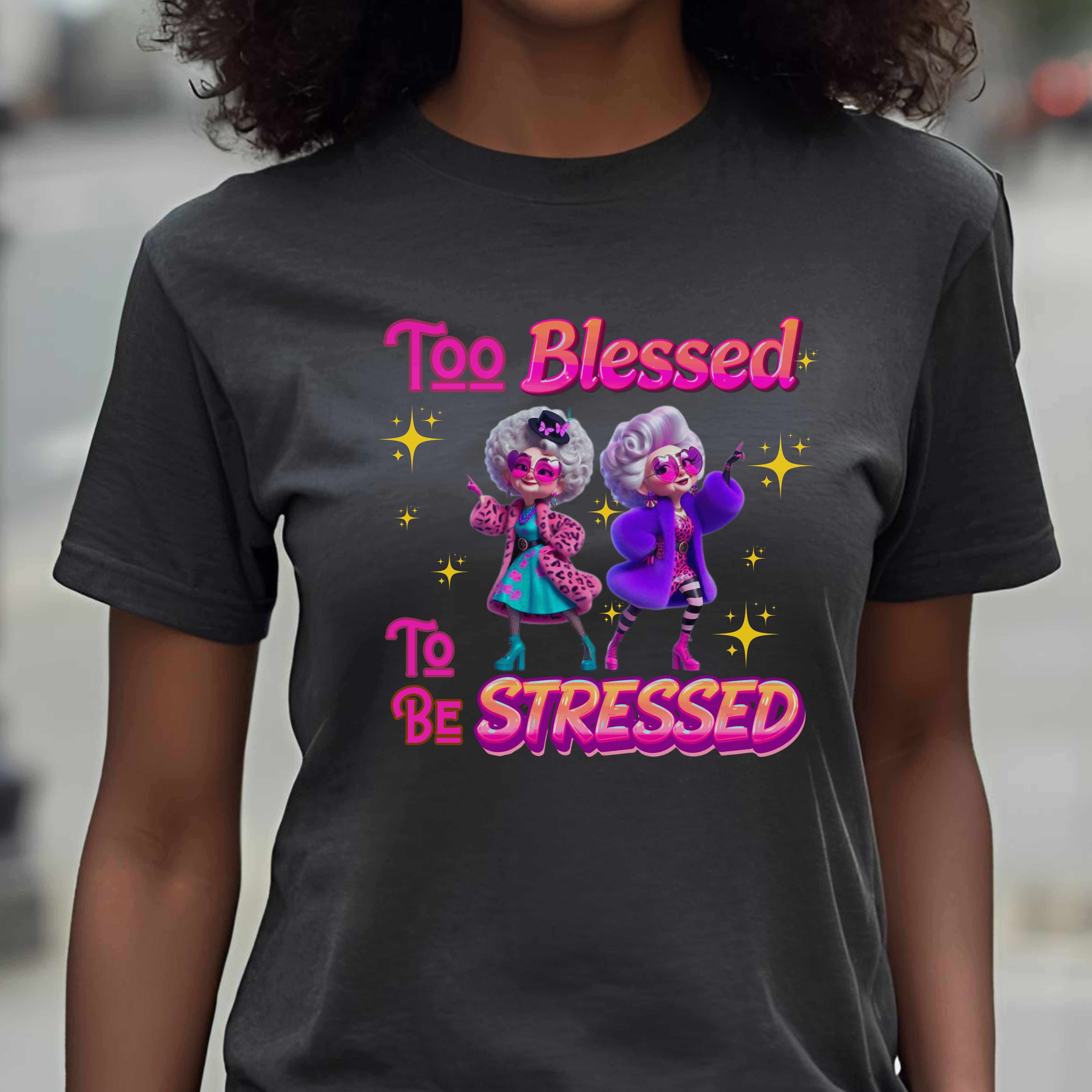 "Too Blessed to Be Stressed" Christian Women’s T-Shirt – Peace Over Chaos, Faith Over Pressure product thumbnail image "Too Blessed to Be Stressed" Christian Women’s T-Shirt – Peace Over Chaos, Faith Over Pressure product thumbnail image