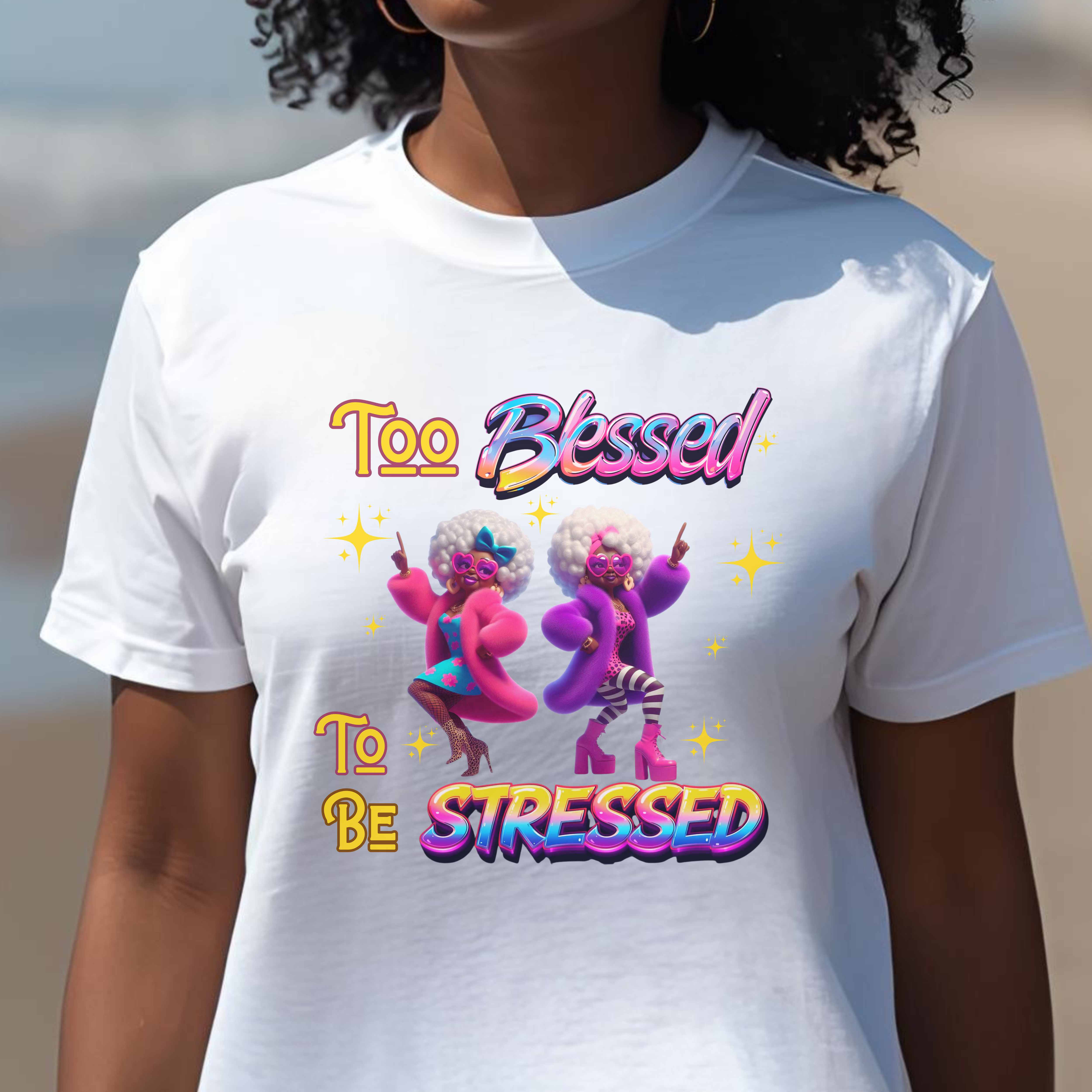 "Too Blessed to Be Stressed" Christian Women’s T-Shirt – Faith Over Pressure, Peace Over Chaos product thumbnail image "Too Blessed to Be Stressed" Christian Women’s T-Shirt – Faith Over Pressure, Peace Over Chaos product thumbnail image