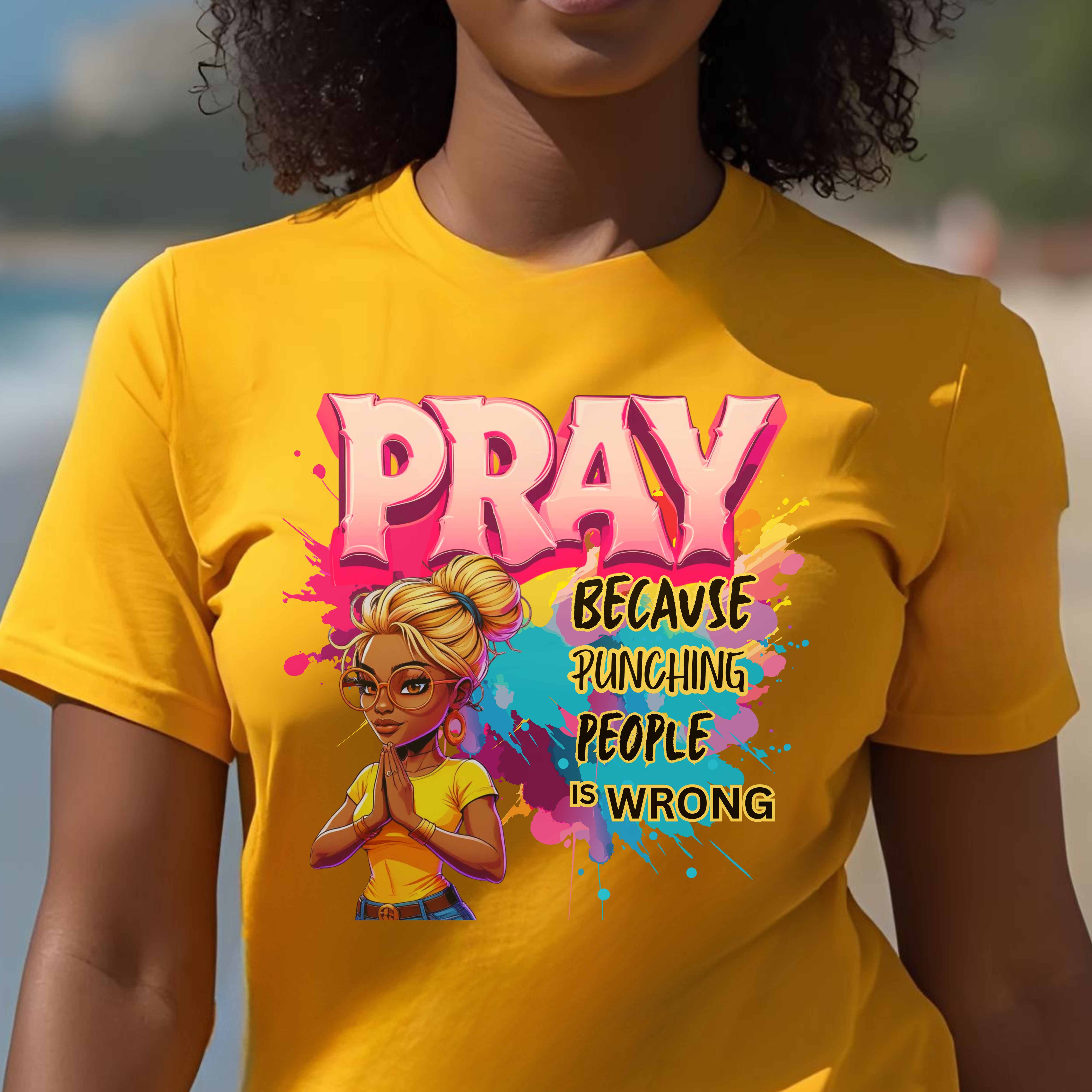 "Pray Because Hitting People Is Wrong" Christian Women’s T-Shirt – Faith, Humor Motivational & Grace Colorful Graphic Tee with Inspirational Message product thumbnail image "Pray Because Hitting People Is Wrong" Christian Women’s T-Shirt – Faith, Humor Motivational & Grace Colorful Graphic Tee with Inspirational Message product thumbnail image