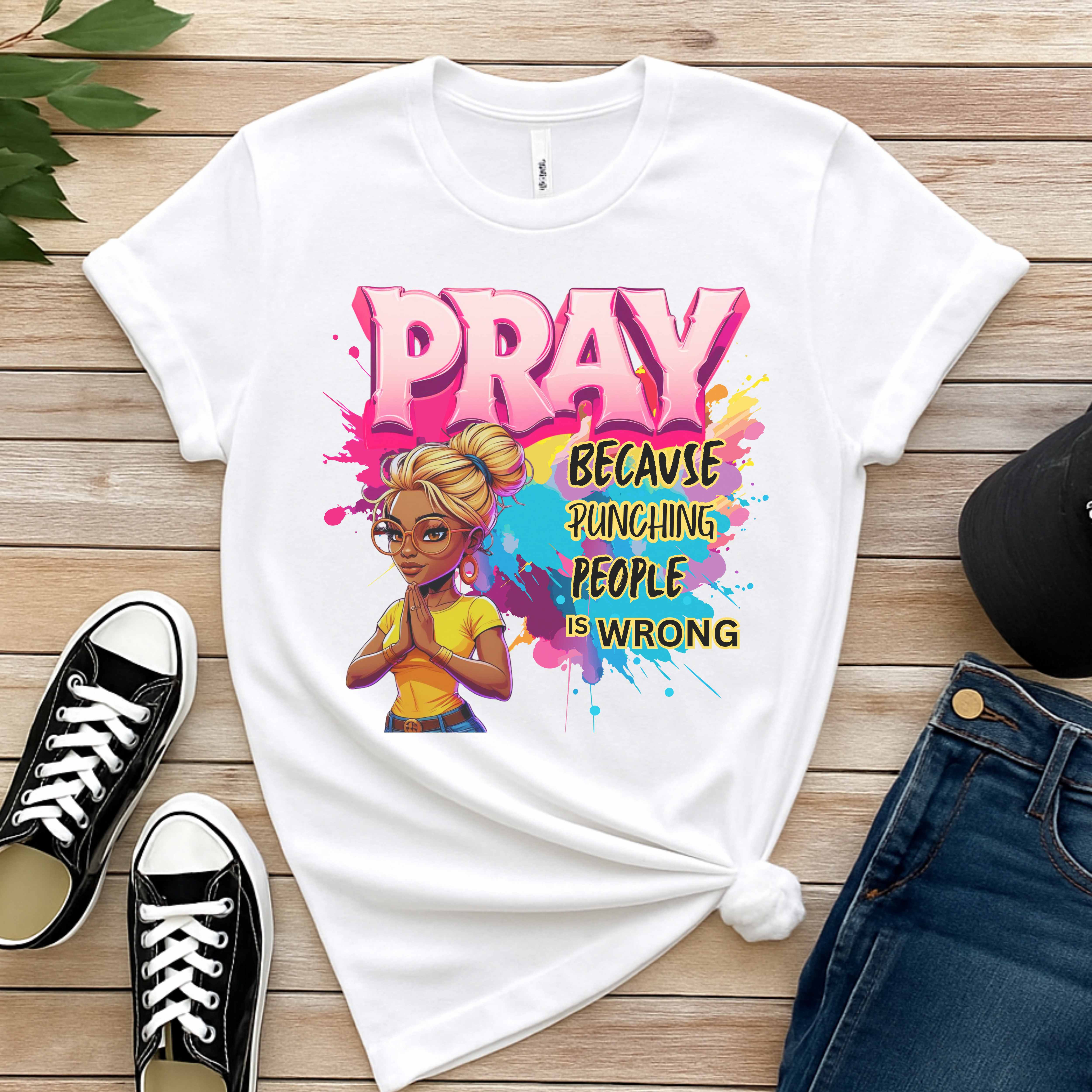 "Pray Because Hitting People Is Wrong" Christian Women’s T-Shirt – Faith, Humor Motivational & Grace Colorful Graphic Tee with Inspirational Message product thumbnail image "Pray Because Hitting People Is Wrong" Christian Women’s T-Shirt – Faith, Humor Motivational & Grace Colorful Graphic Tee with Inspirational Message product thumbnail image