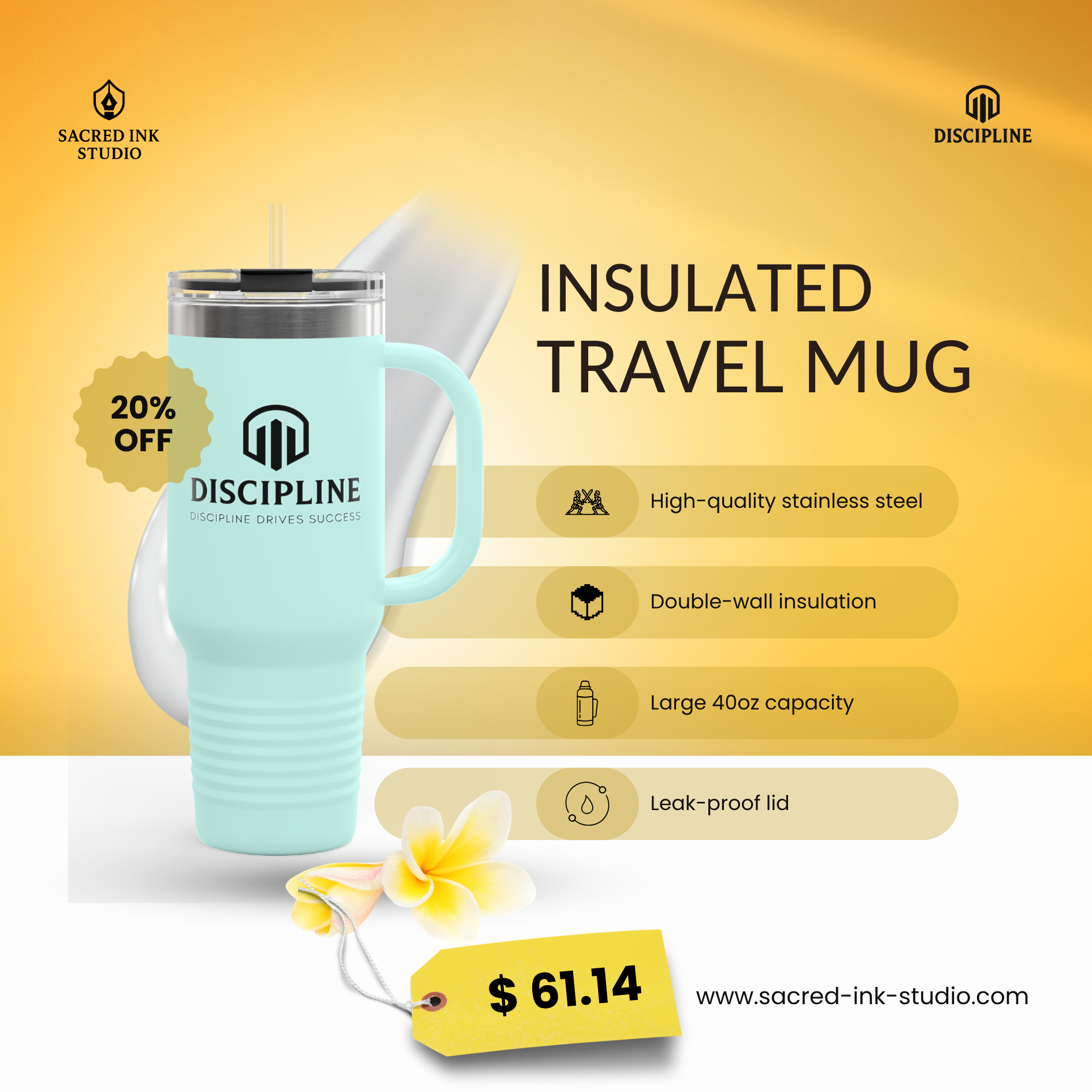 Insulated Travel Mug, 40oz - Motivational Drinkware for On-the-Go, Perfect Gift for Entrepreneurs, Hydration Companion, Ideal for [...] product thumbnail image