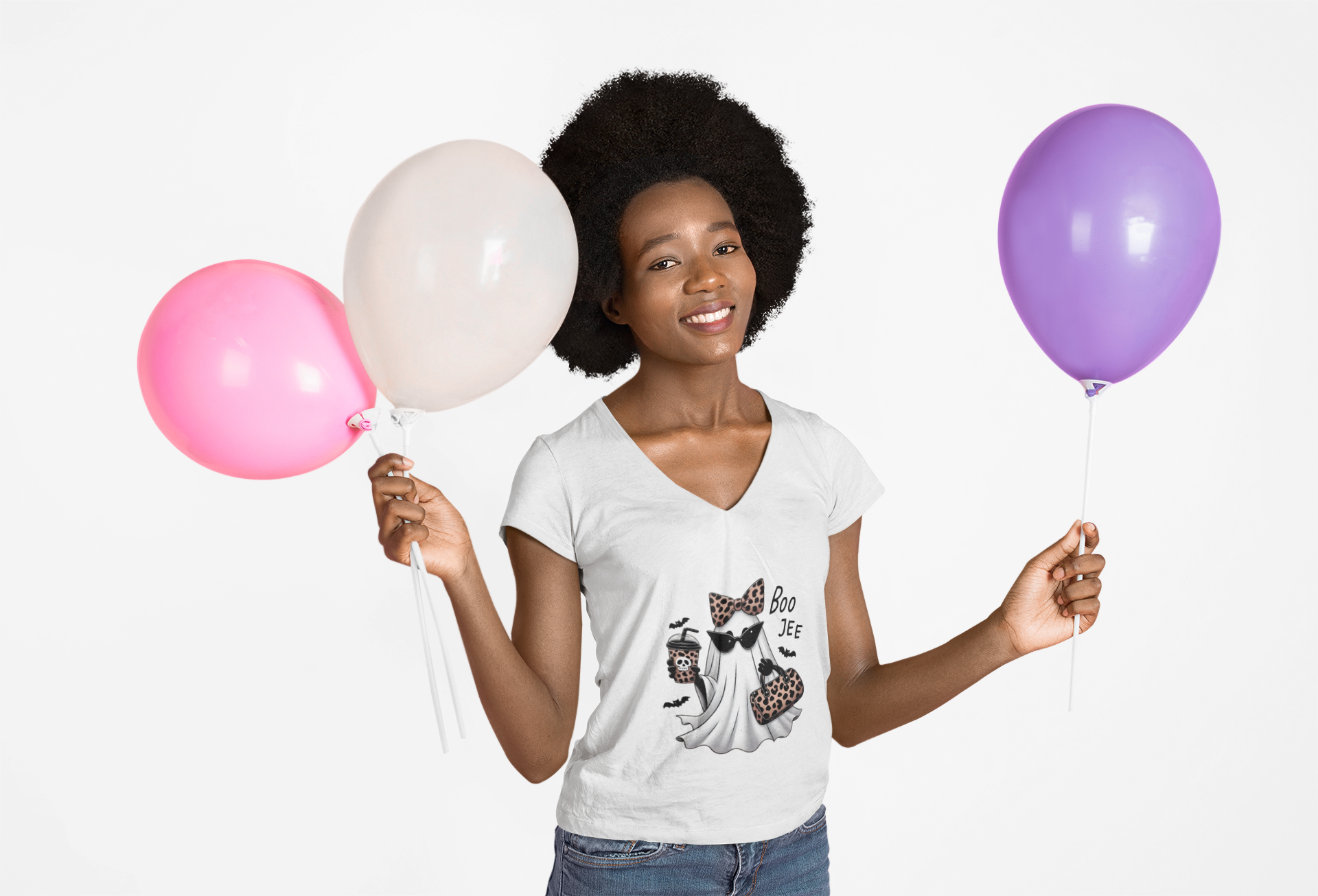 Boo-Jee Halloween V-Neck T-Shirt | Cute Leopard Print Ghost Tee | Fall Fashion for Women Boo-Jee Halloween V-Neck T-Shirt | Cute Leopard Print Ghost Tee | Fall Fashion for Women