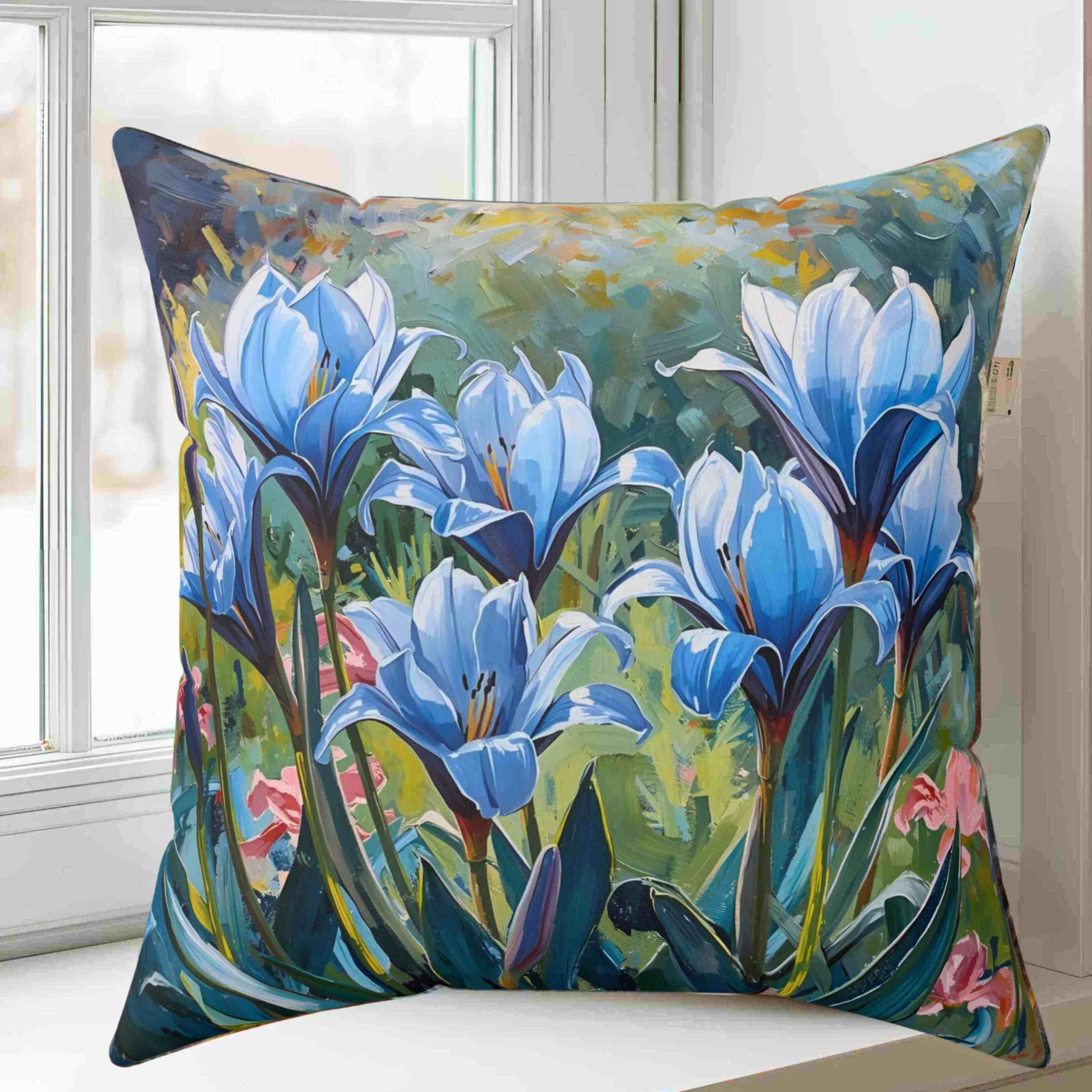 Blue Floral Decorative Pillow, Throw Pillow, Home Decor, Blue Flower Cushion, Gift for Her, Living Room Accent product thumbnail image