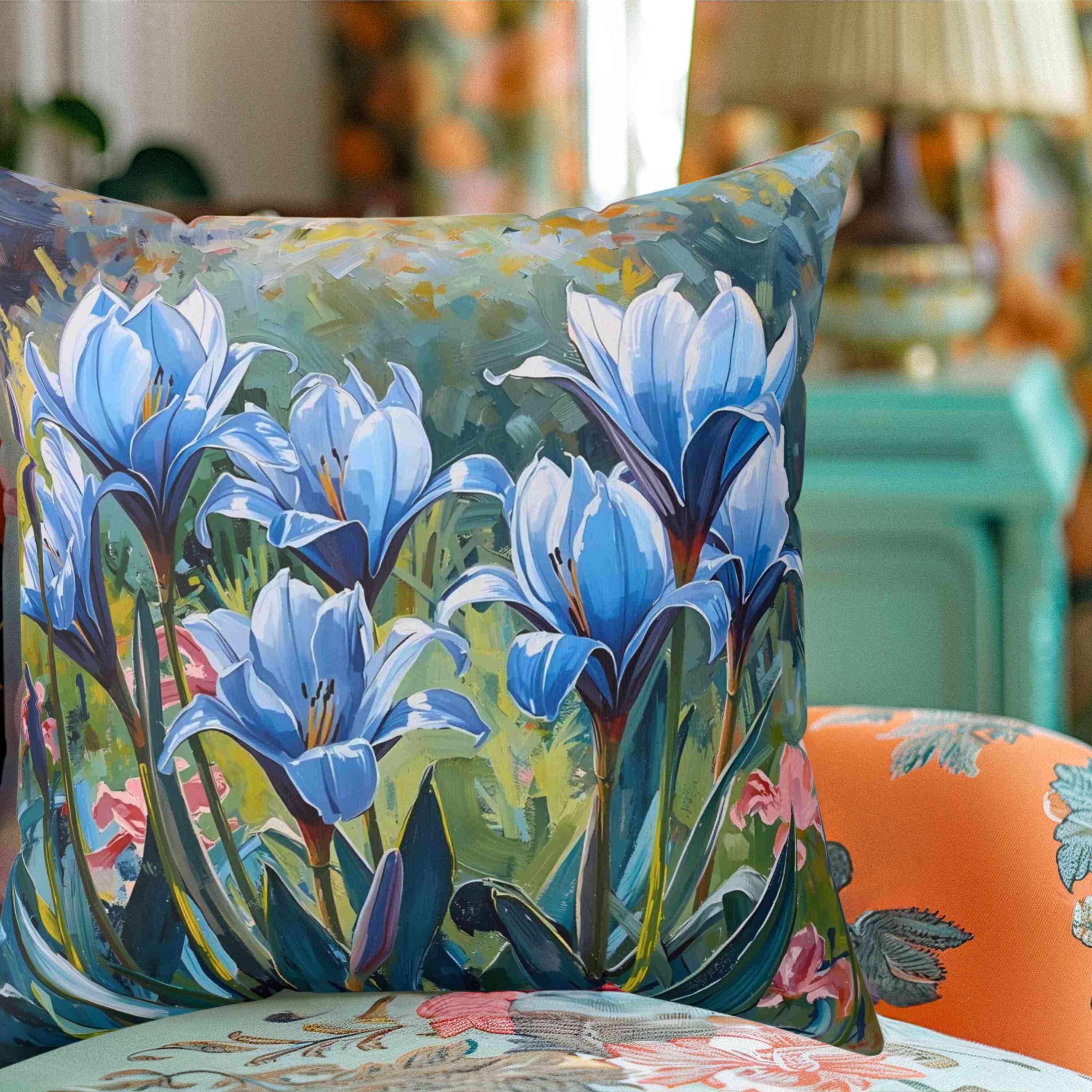 Blue Floral Decorative Pillow, Throw Pillow, Home Decor, Blue Flower Cushion, Gift for Her, Living Room Accent