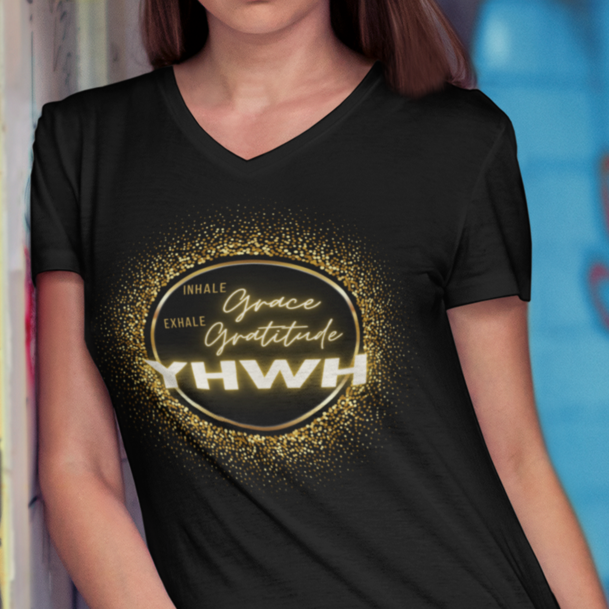 YHWH Inhale Grace Exhale Gratitude V-Neck Unisex T-Shirt product thumbnail image YHWH Inhale Grace Exhale Gratitude V-Neck Unisex T-Shirt product thumbnail image