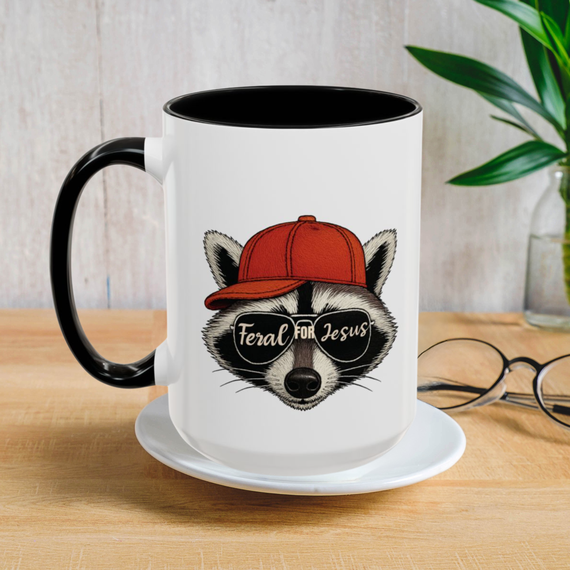 Funny Raccoon Meme Coffee Mug - Feral for Jesus Sarcastic Christian Red Hat Raccoon Gift for Coffee Lovers product thumbnail image