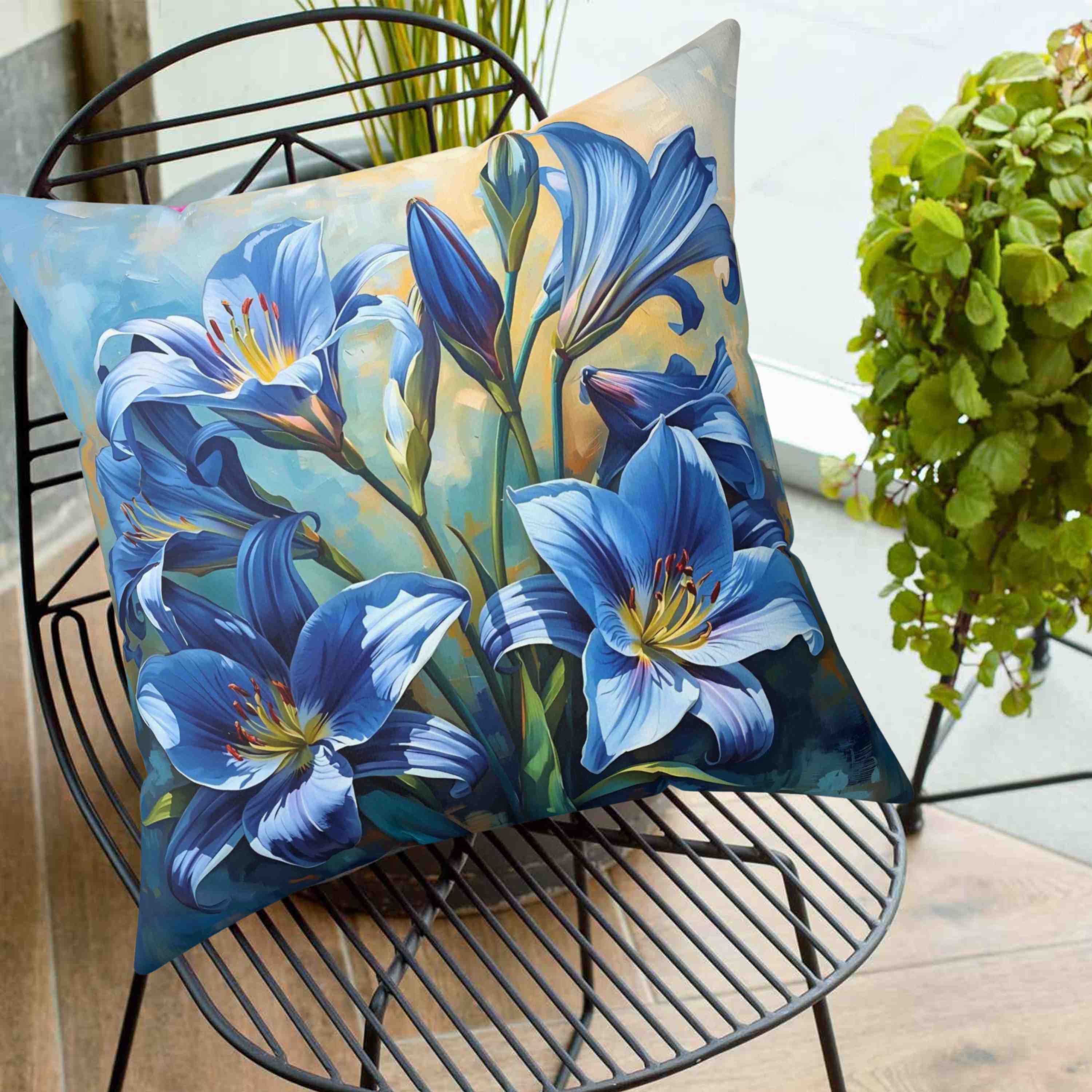 Square Pillow - Blue Lilly Flowers Design, great gift for family and friends. This beautiful pillow features blue lily flowers on a stunning background, adding a touch of elegance to any room. product thumbnail image