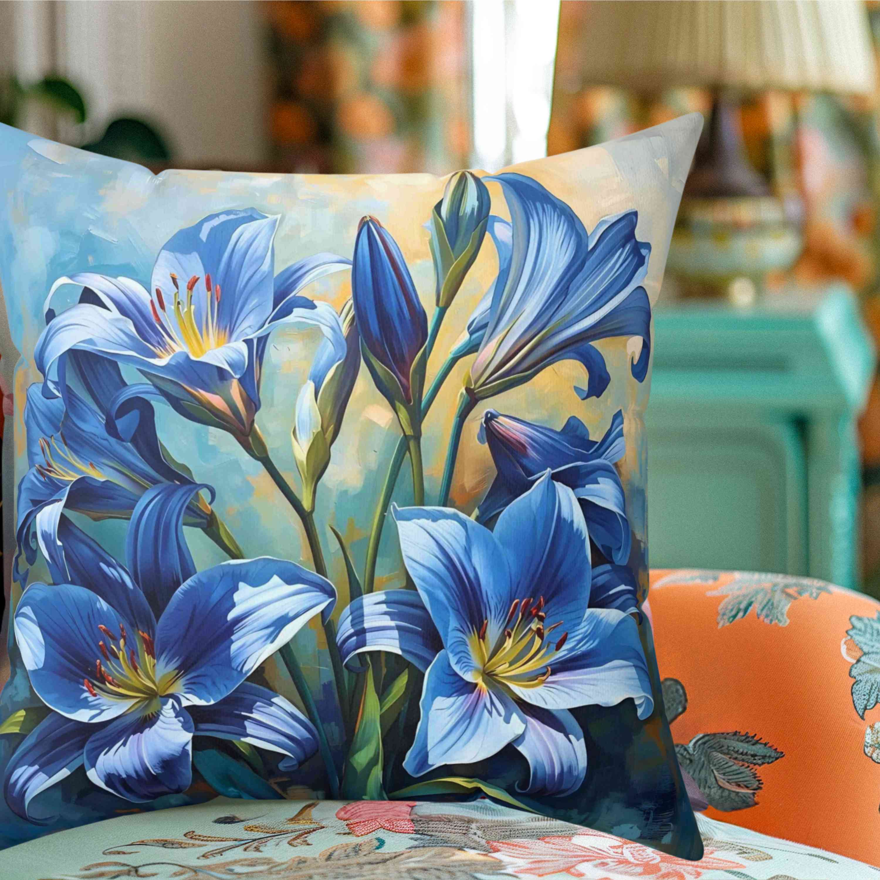 Square Pillow - Blue Lilly Flowers Design, great gift for family and friends. This beautiful pillow features blue lily flowers on a stunning background, adding a touch of elegance to any room. product thumbnail image