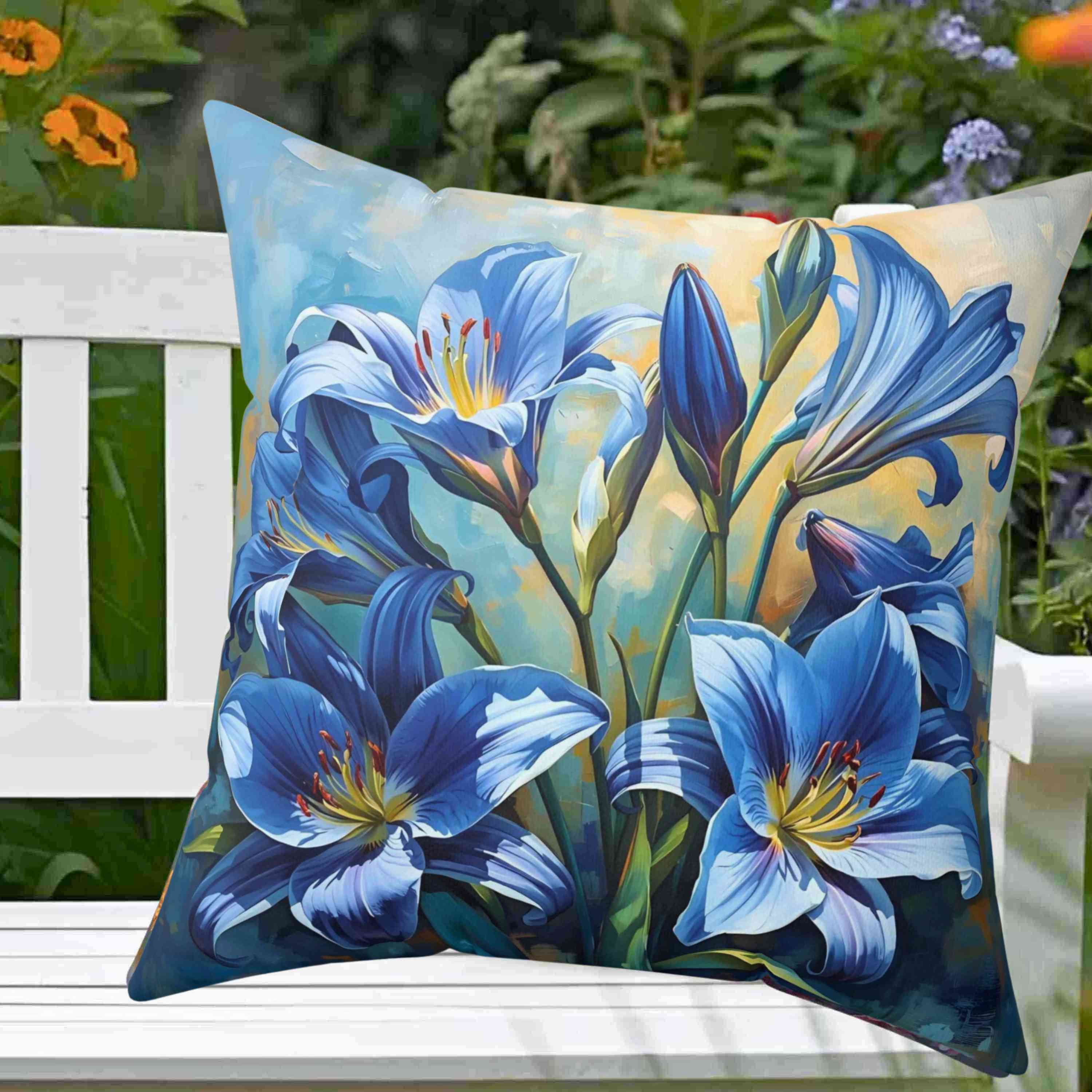 Square Pillow - Blue Lilly Flowers Design, great gift for family and friends. This beautiful pillow features blue lily flowers on a stunning background, adding a touch of elegance to any room. product thumbnail image