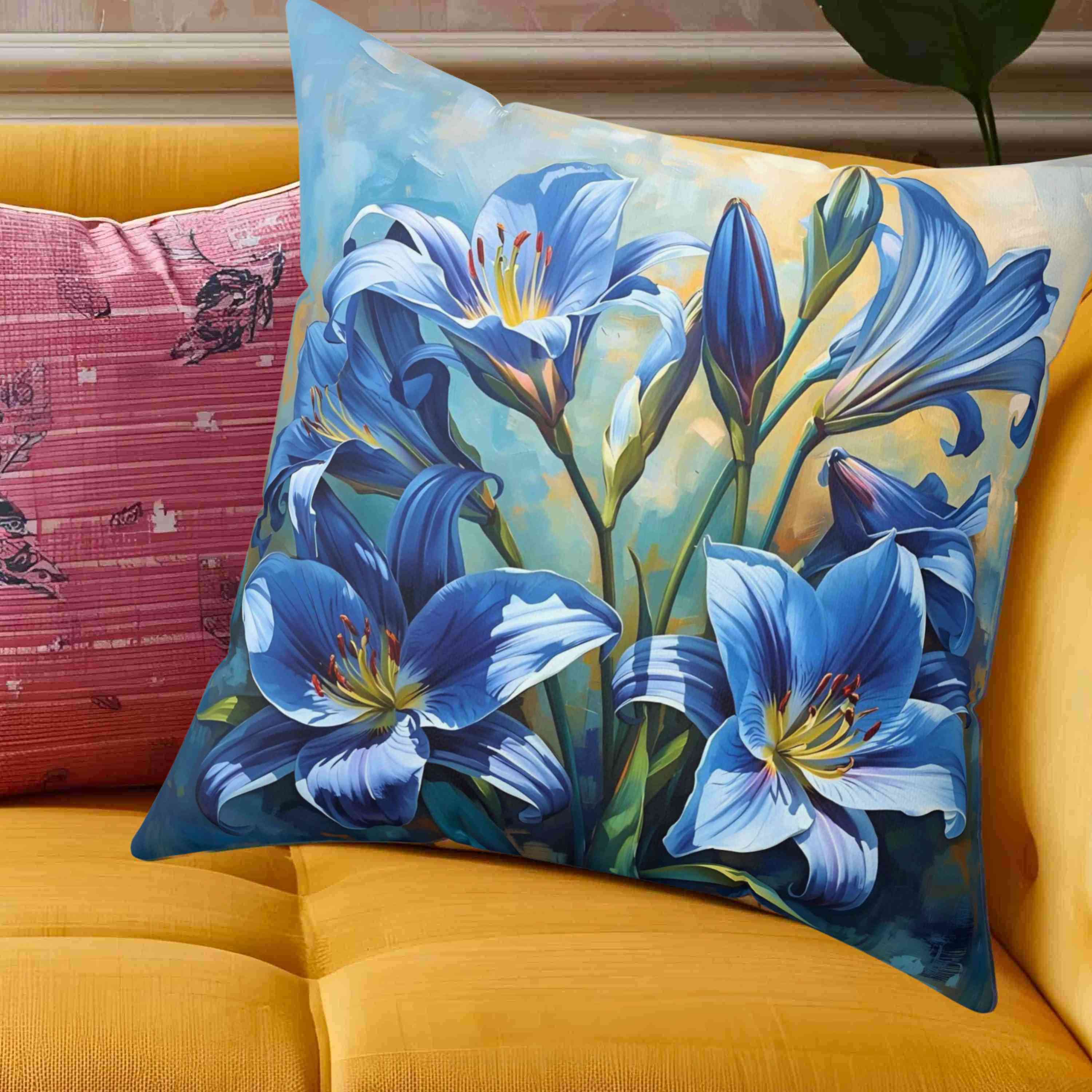 Square Pillow - Blue Lilly Flowers Design, great gift for family and friends. This beautiful pillow features blue lily flowers on a stunning background, adding a touch of elegance to any room. product thumbnail image