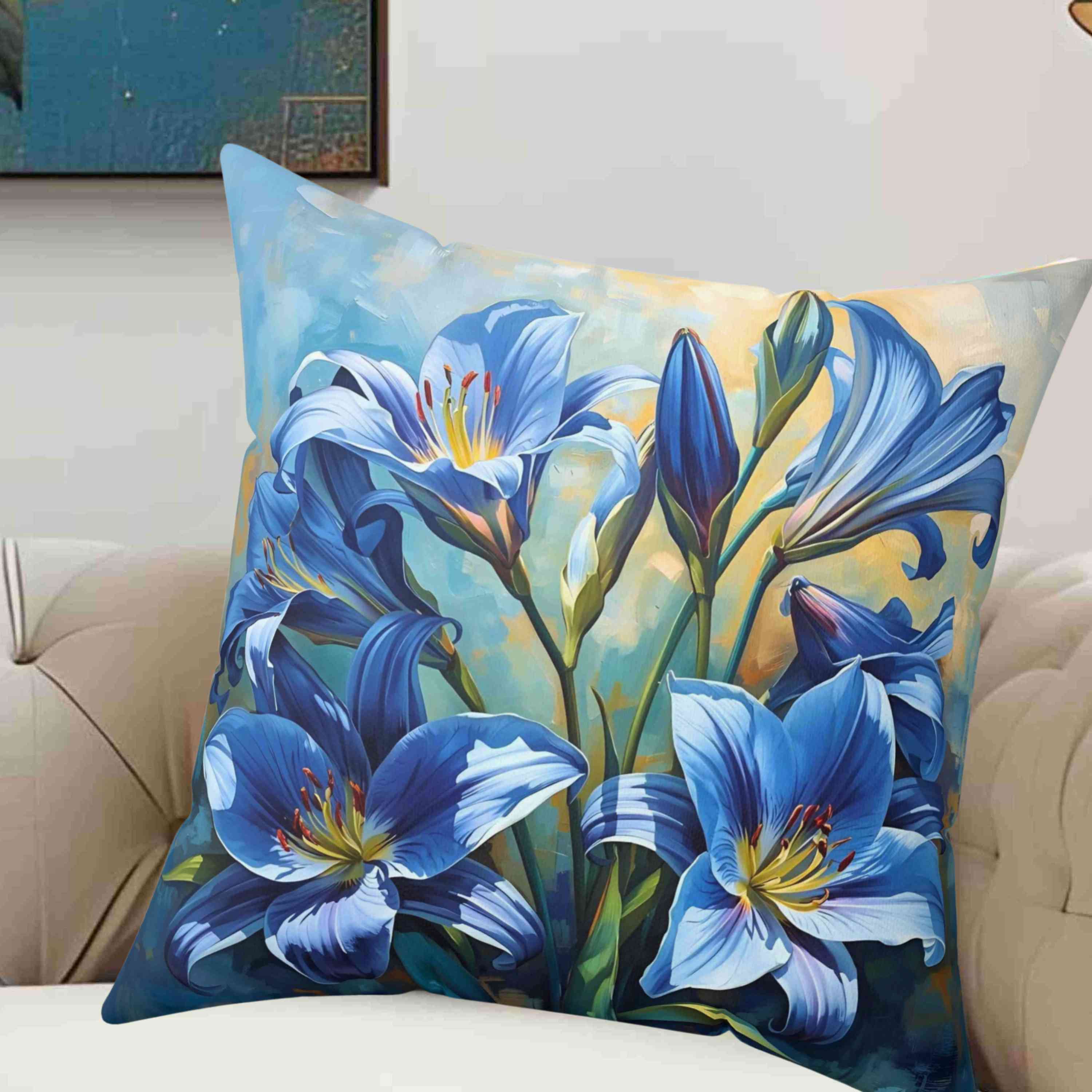 Square Pillow - Blue Lilly Flowers Design, great gift for family and friends. This beautiful pillow features blue lily flowers on a stunning background, adding a touch of elegance to any room. product thumbnail image